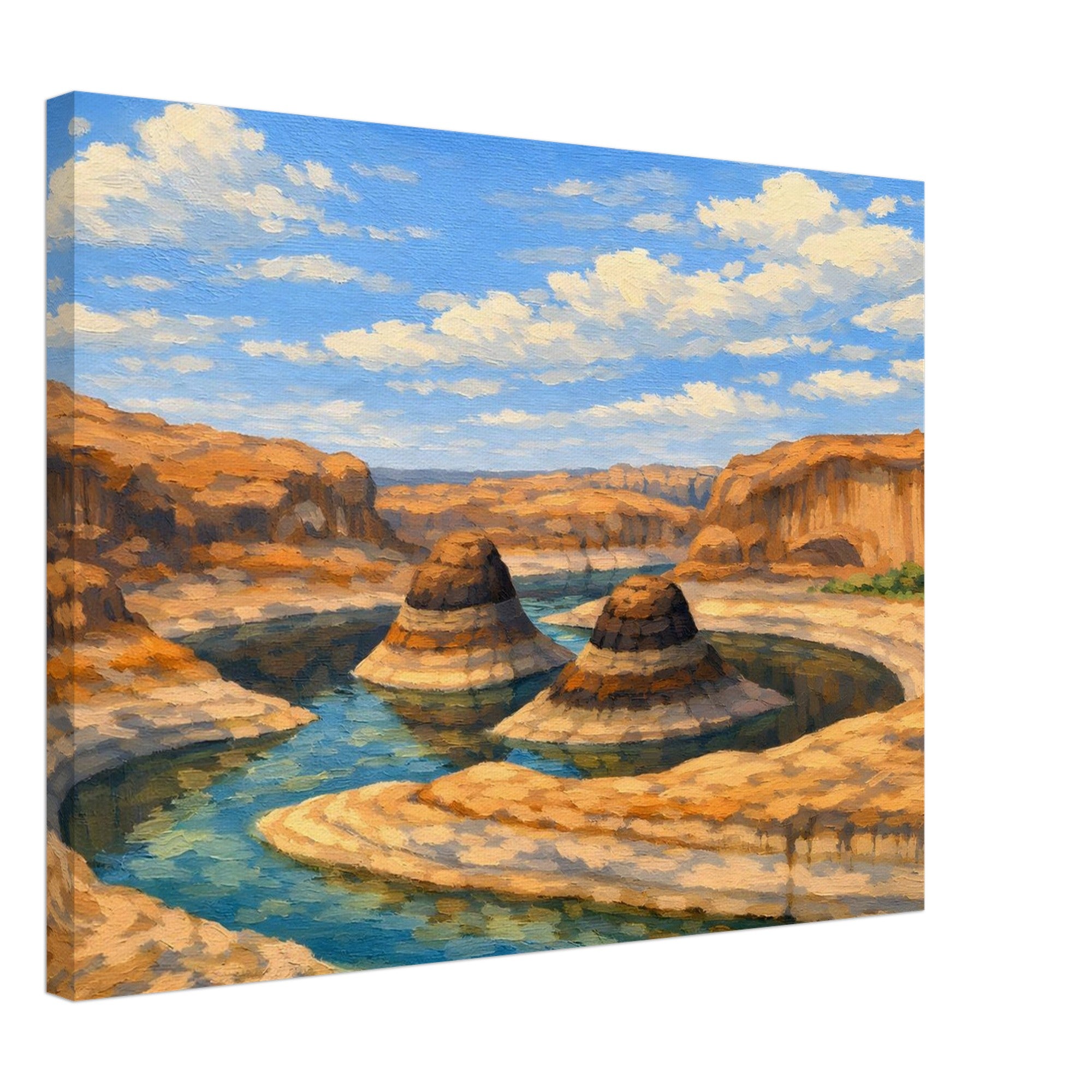Canvas print of a desert landscape with a river and cliffs.