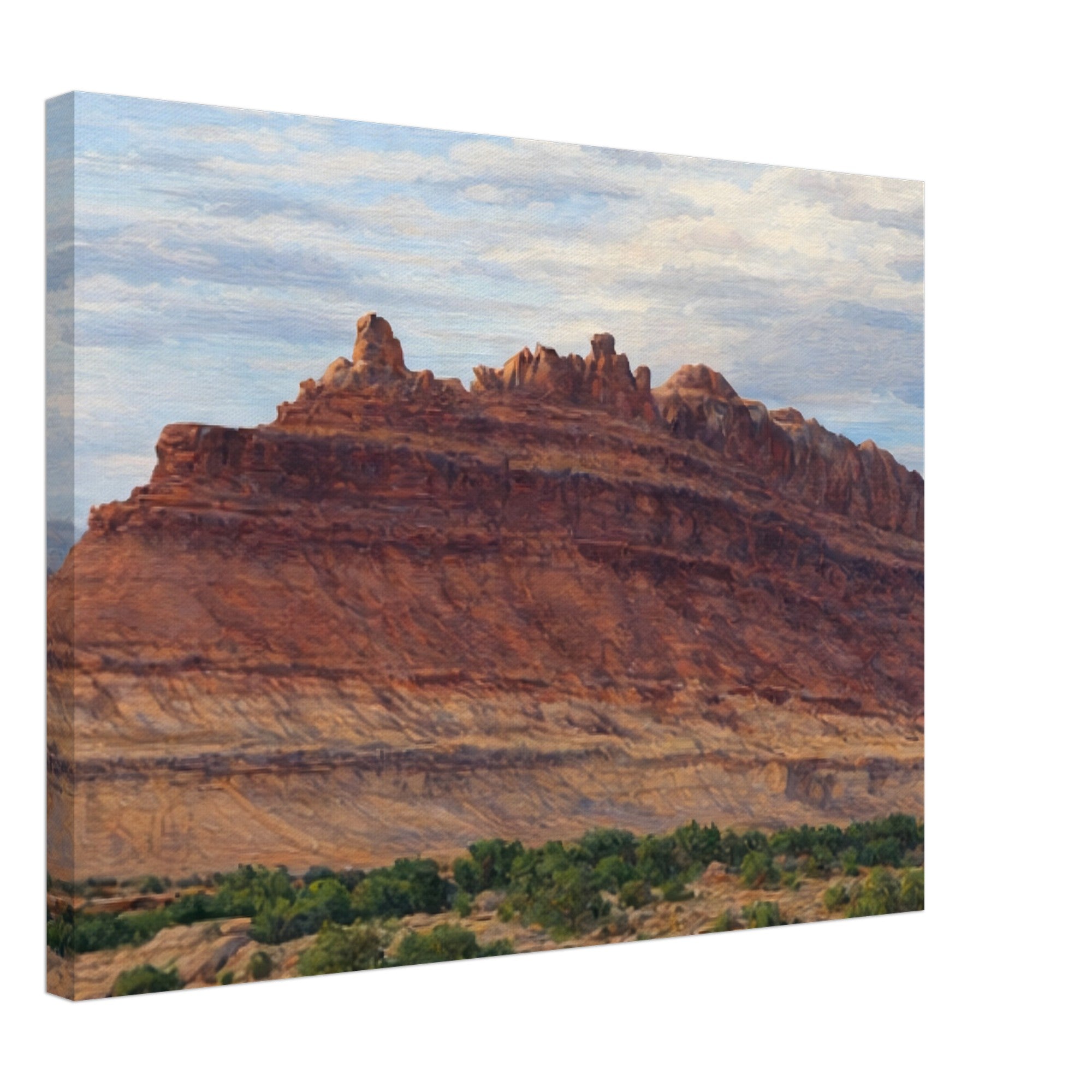 Canvas print of a desert landscape with red rock formations and greenery.