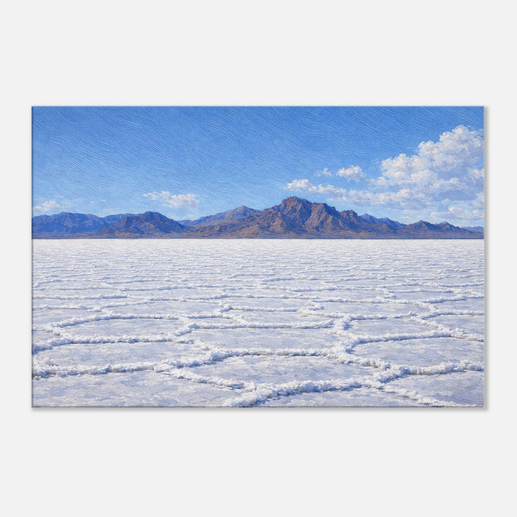 Desert landscape with salt flats and mountains under a blue sky.