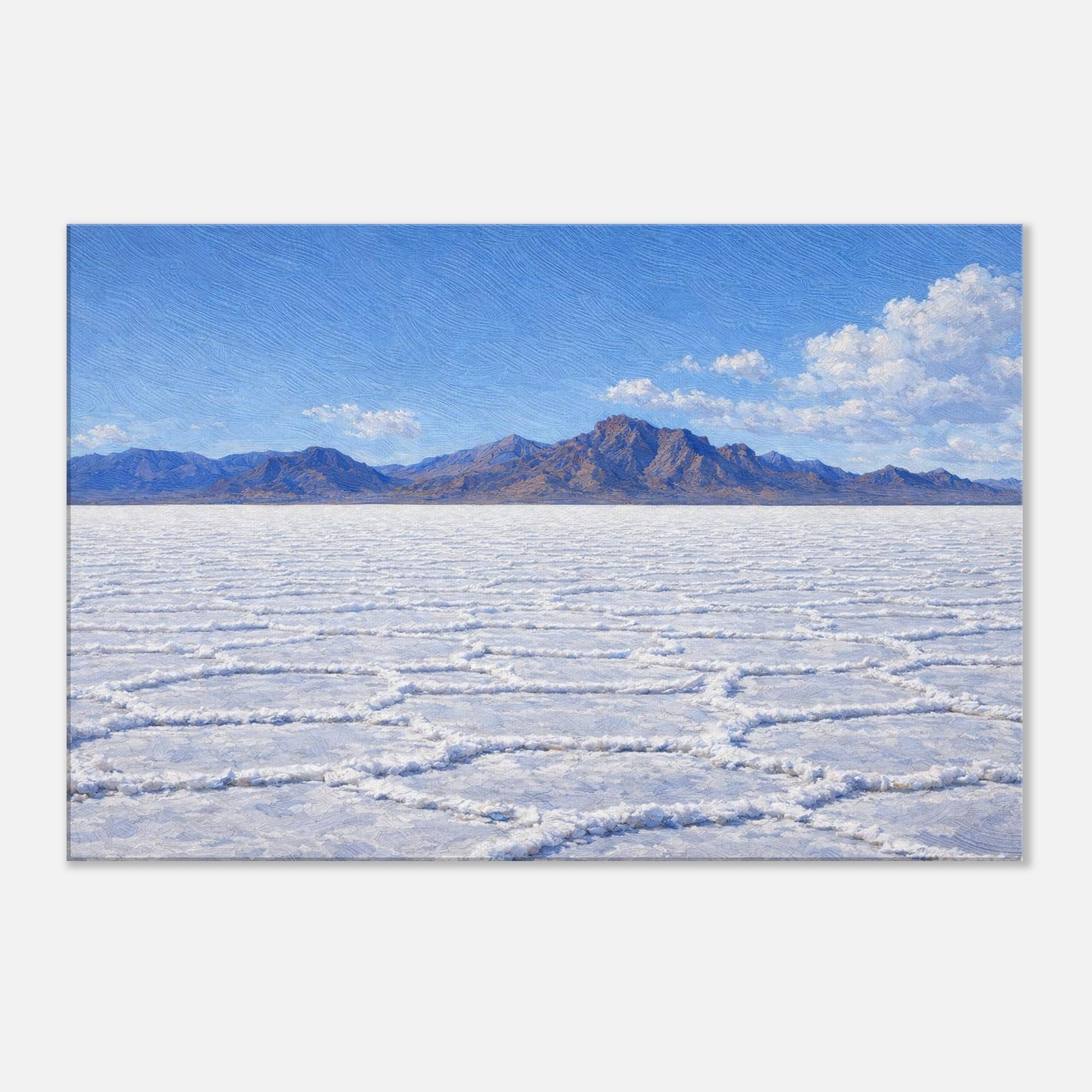 Desert landscape with salt flats and mountains under a blue sky.
