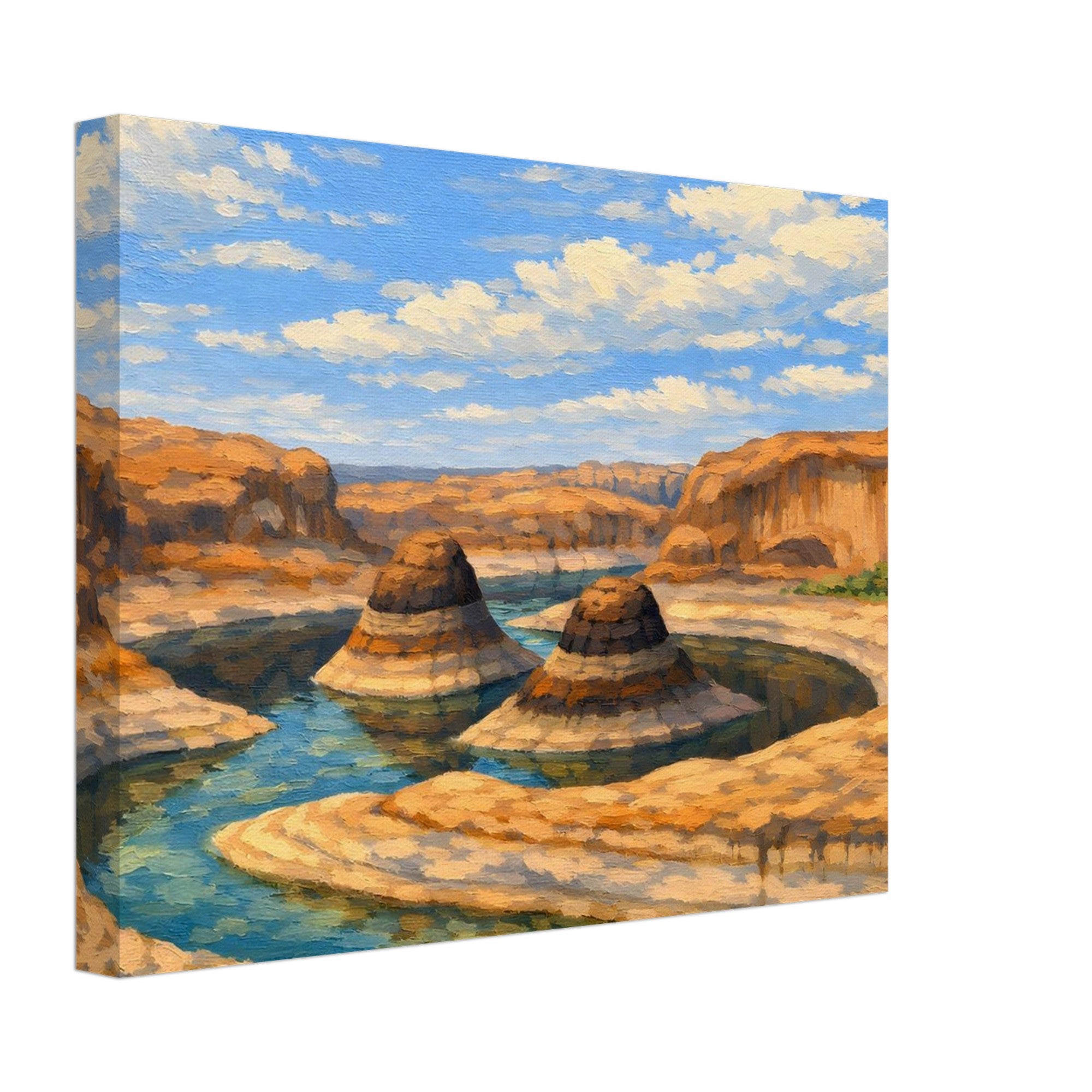 Canvas print of a desert landscape with a river and rock formations.