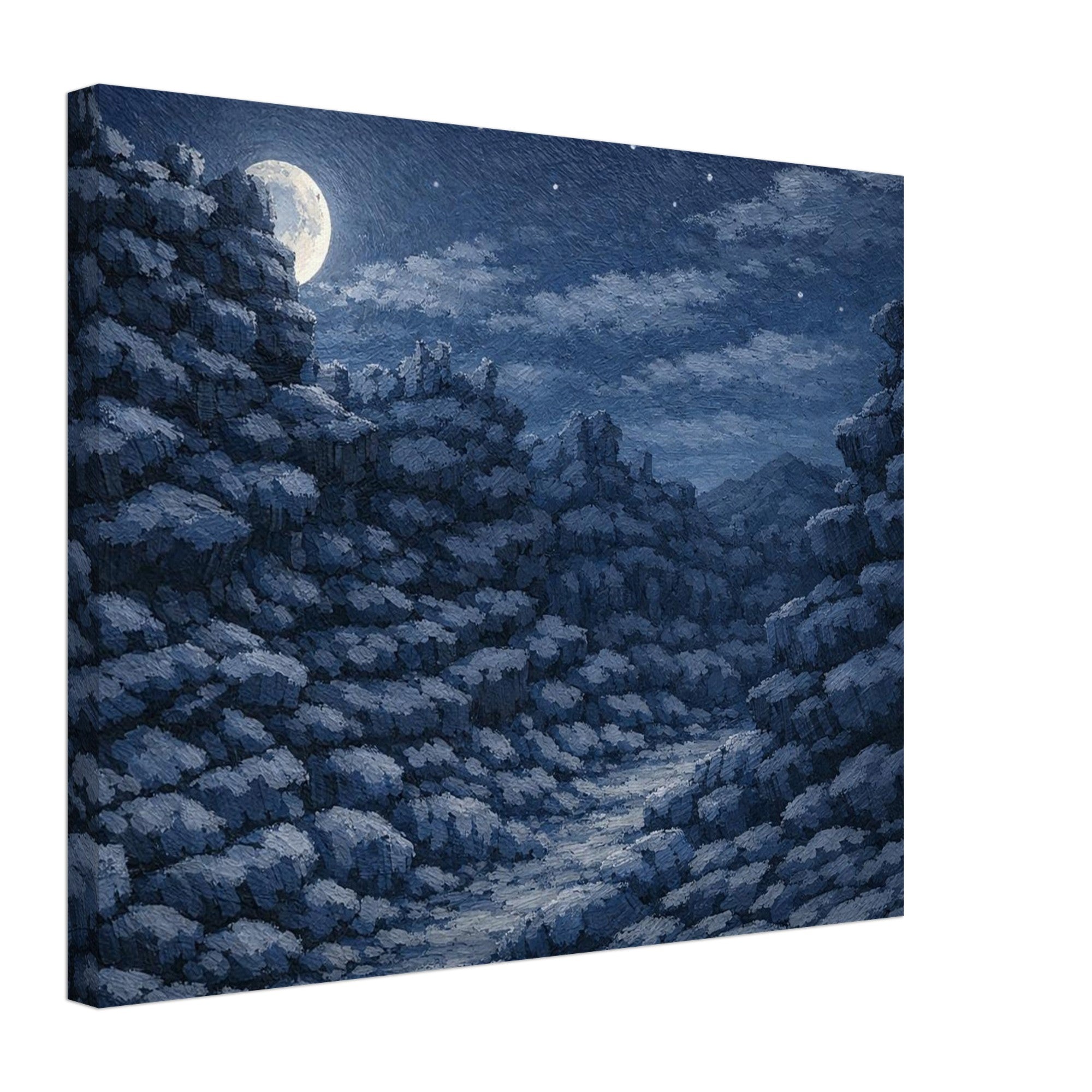 Canvas print of a moonlit rocky landscape.