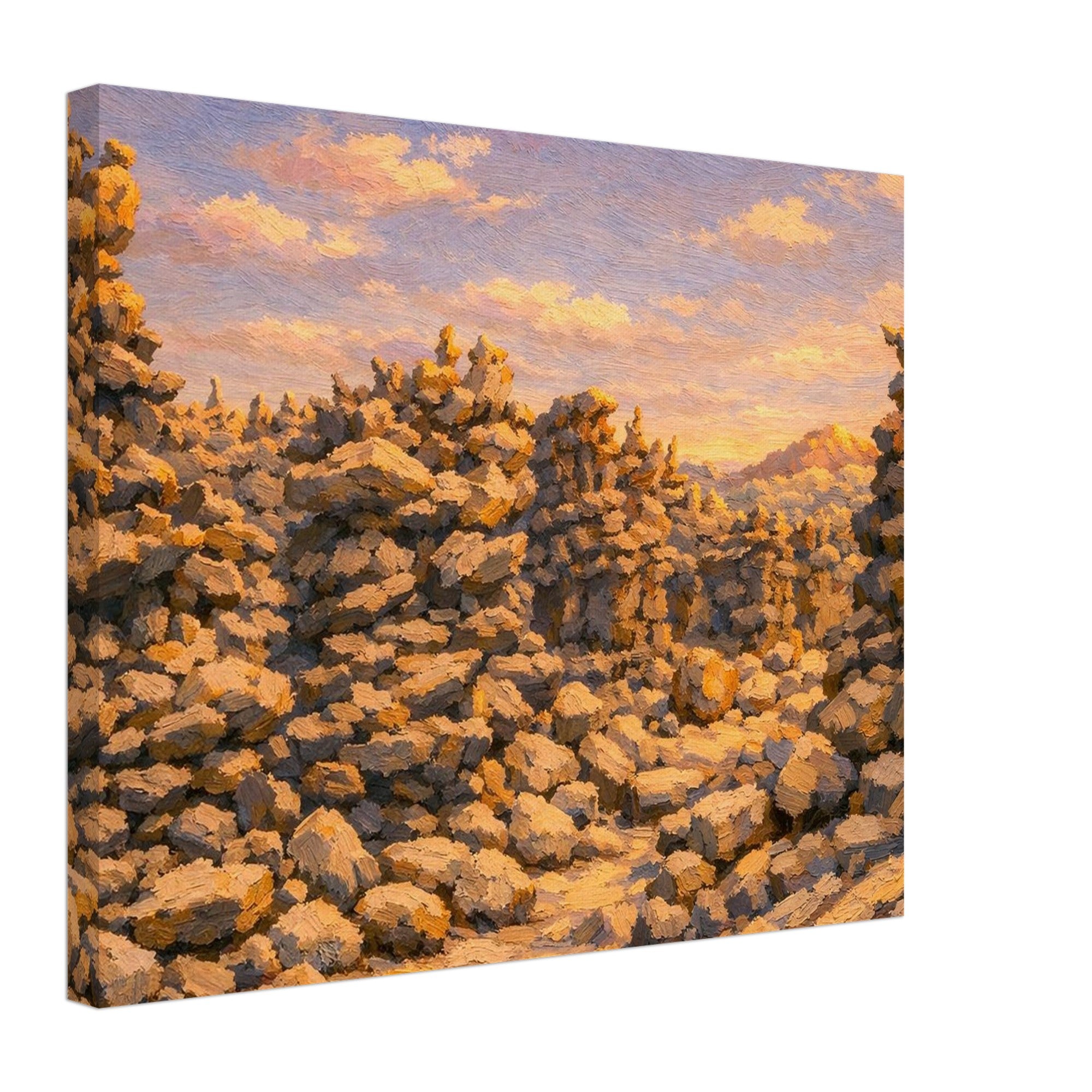 Canvas print of a rocky landscape with a sunrise sky.