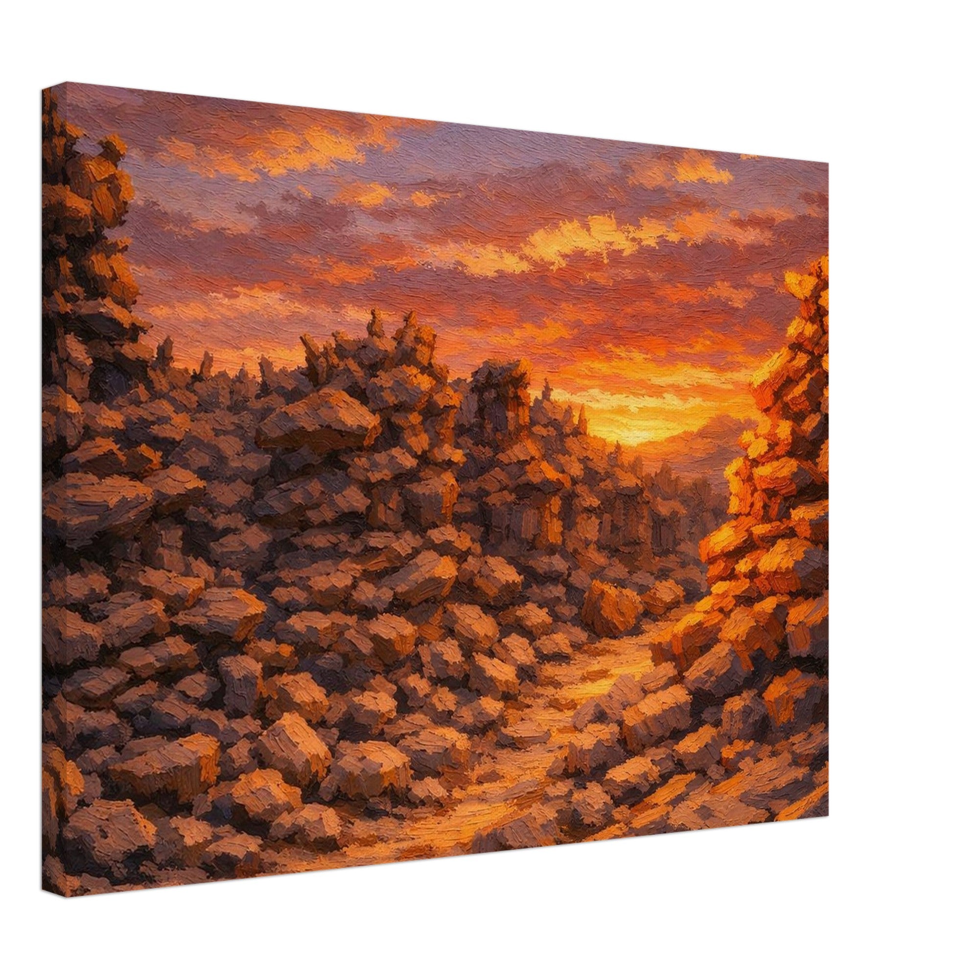 Canvas print of a sunset over a rocky landscape with warm colors.