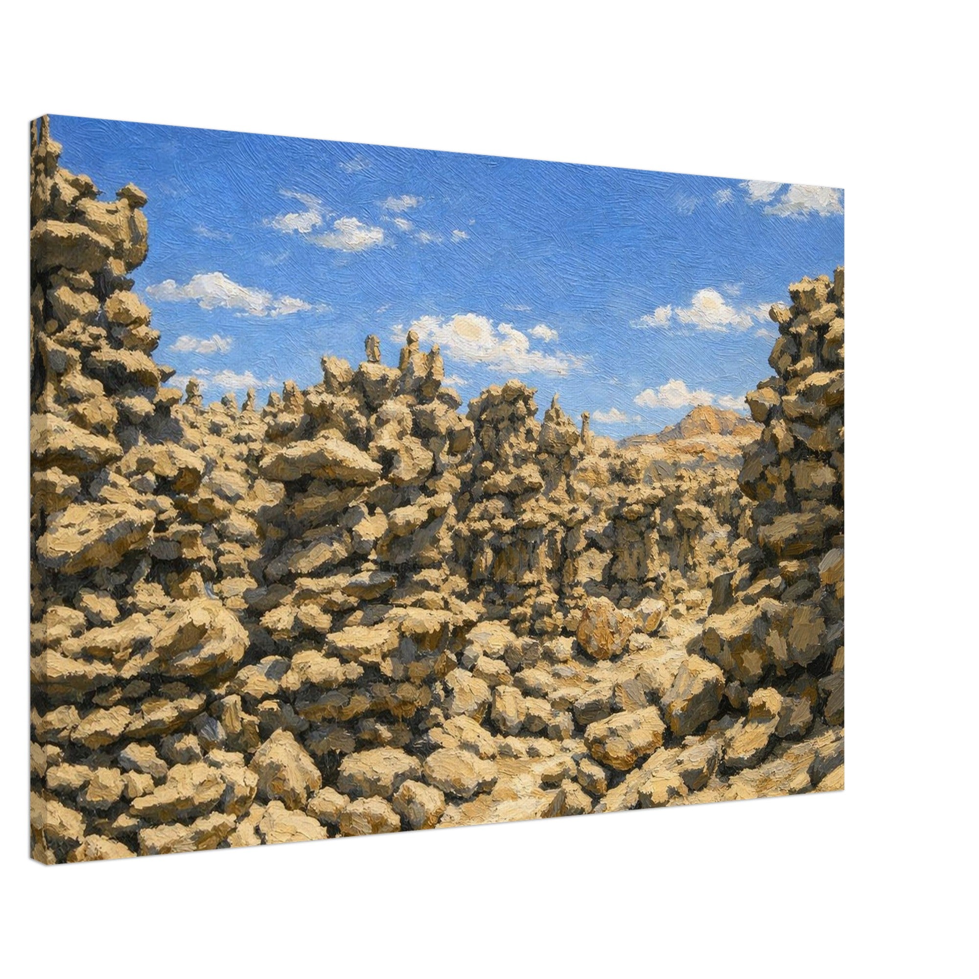 Canvas print of a rocky landscape with a blue sky.