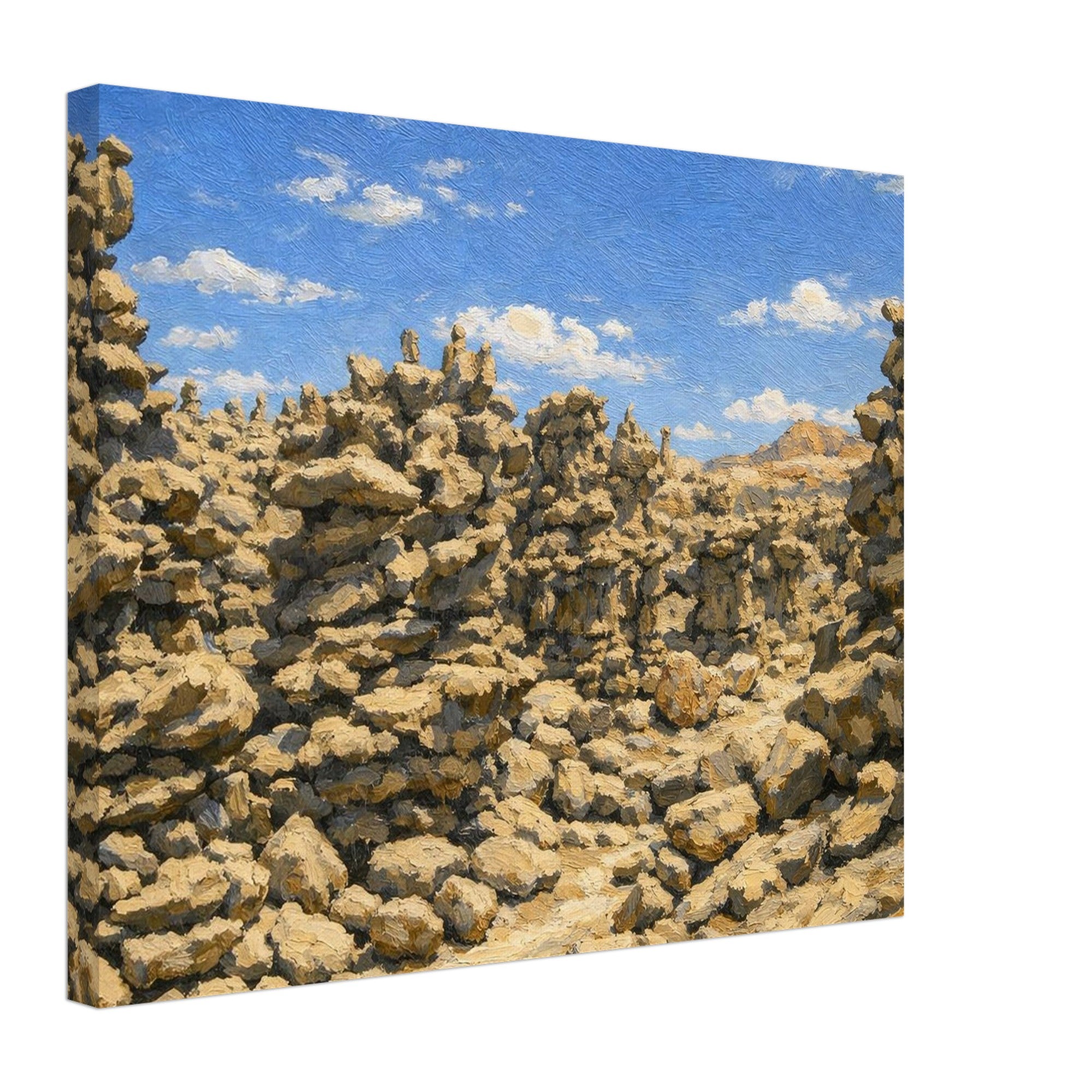 Canvas print of a desert landscape with rock formations and blue sky.