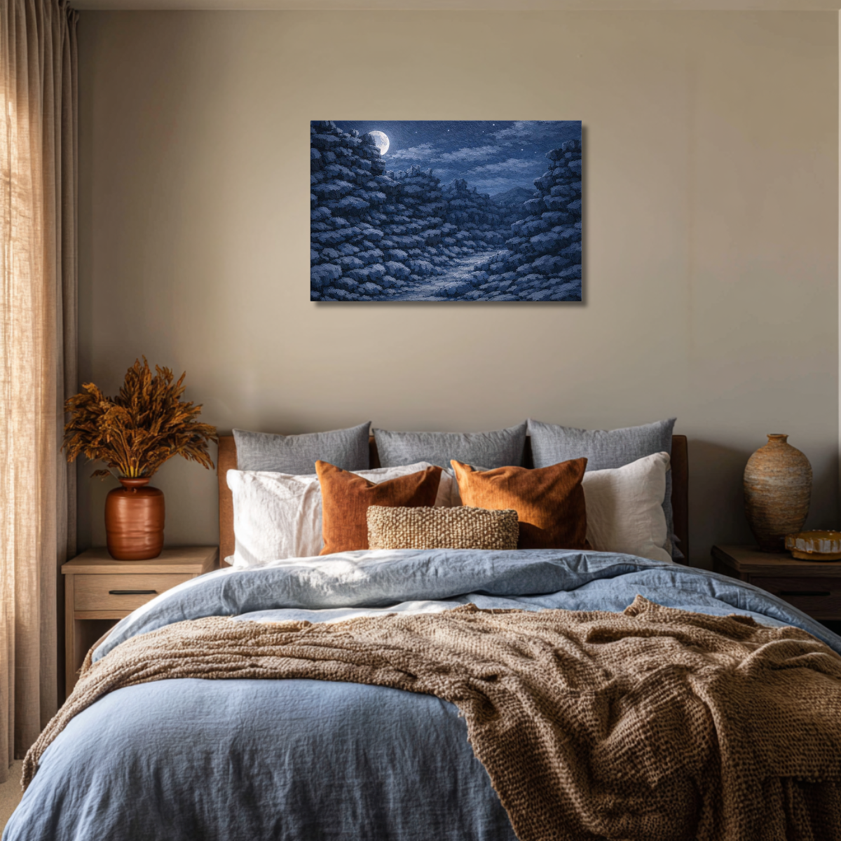 Bedroom with canvas wall art of Fantasy Canyon at night. hanging above the bed.