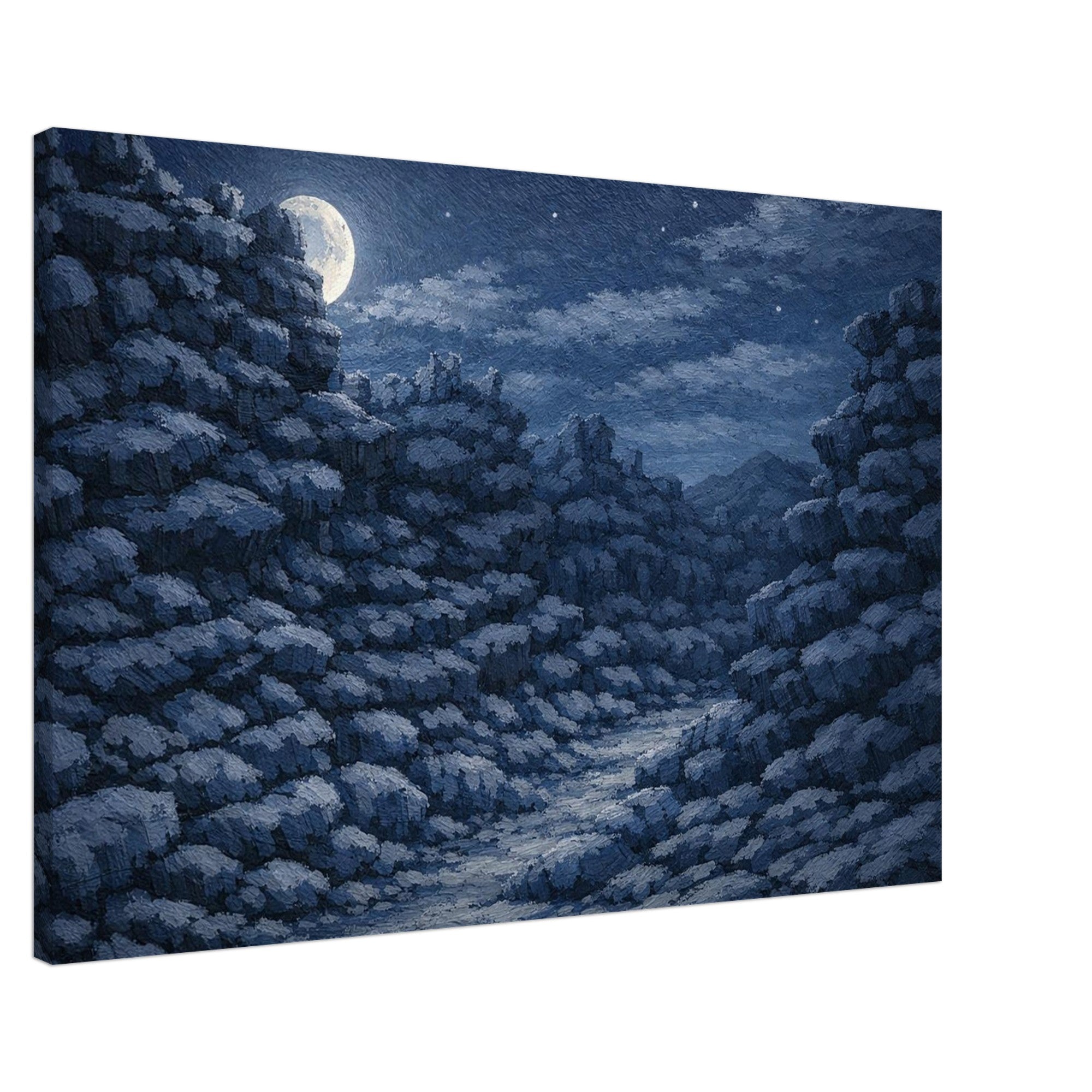Framed artwork of rocky landscape with a moonlit sky.