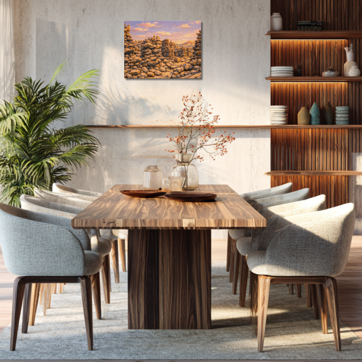Dining room with wooden table and chairs, shelves with decor, and a canvas wall art painting of Fantasy Canyon during sunrise.