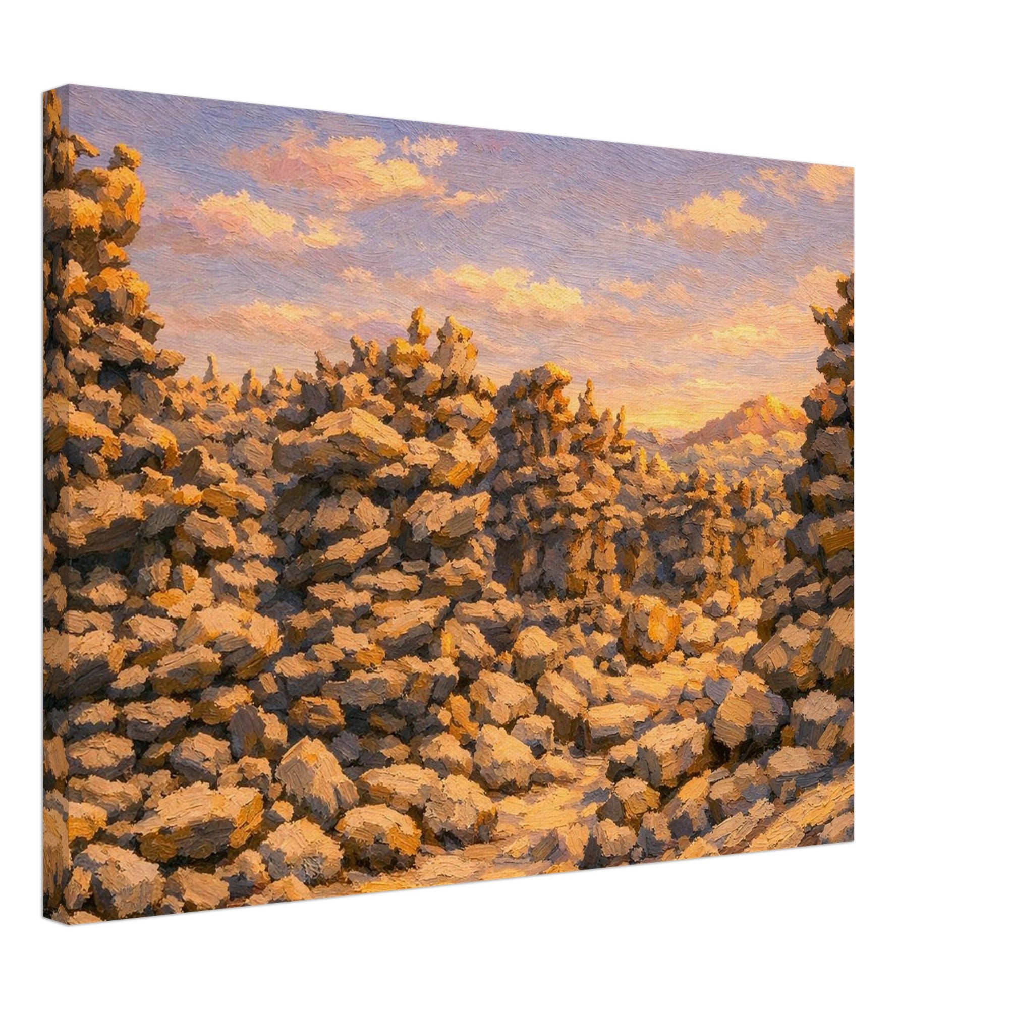 Canvas print of a landscape with rock formations under a sunrise sky.