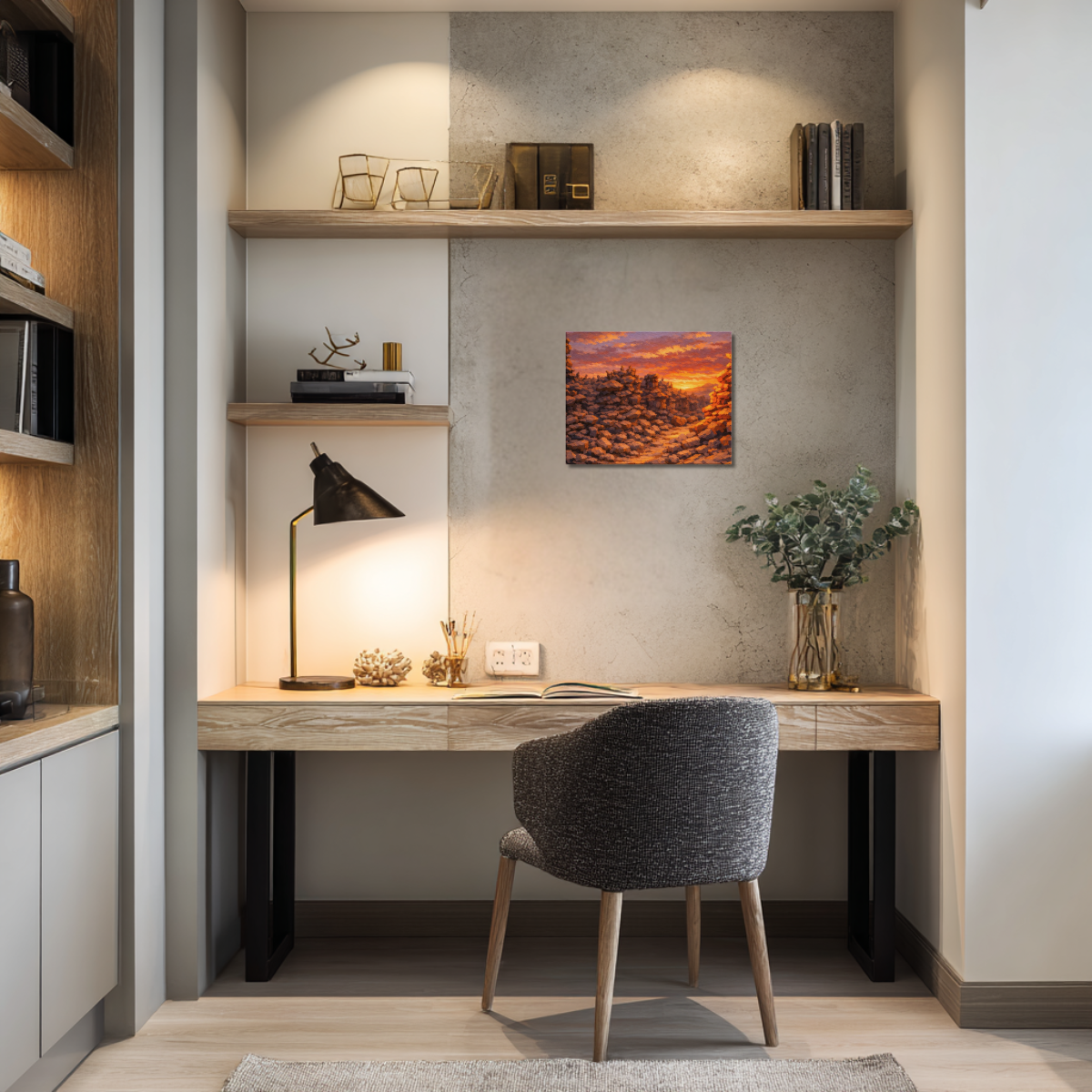 Modern home office with wooden desk, chair, shelves, and canvas wall art of Fantasy Canyon at sunset.