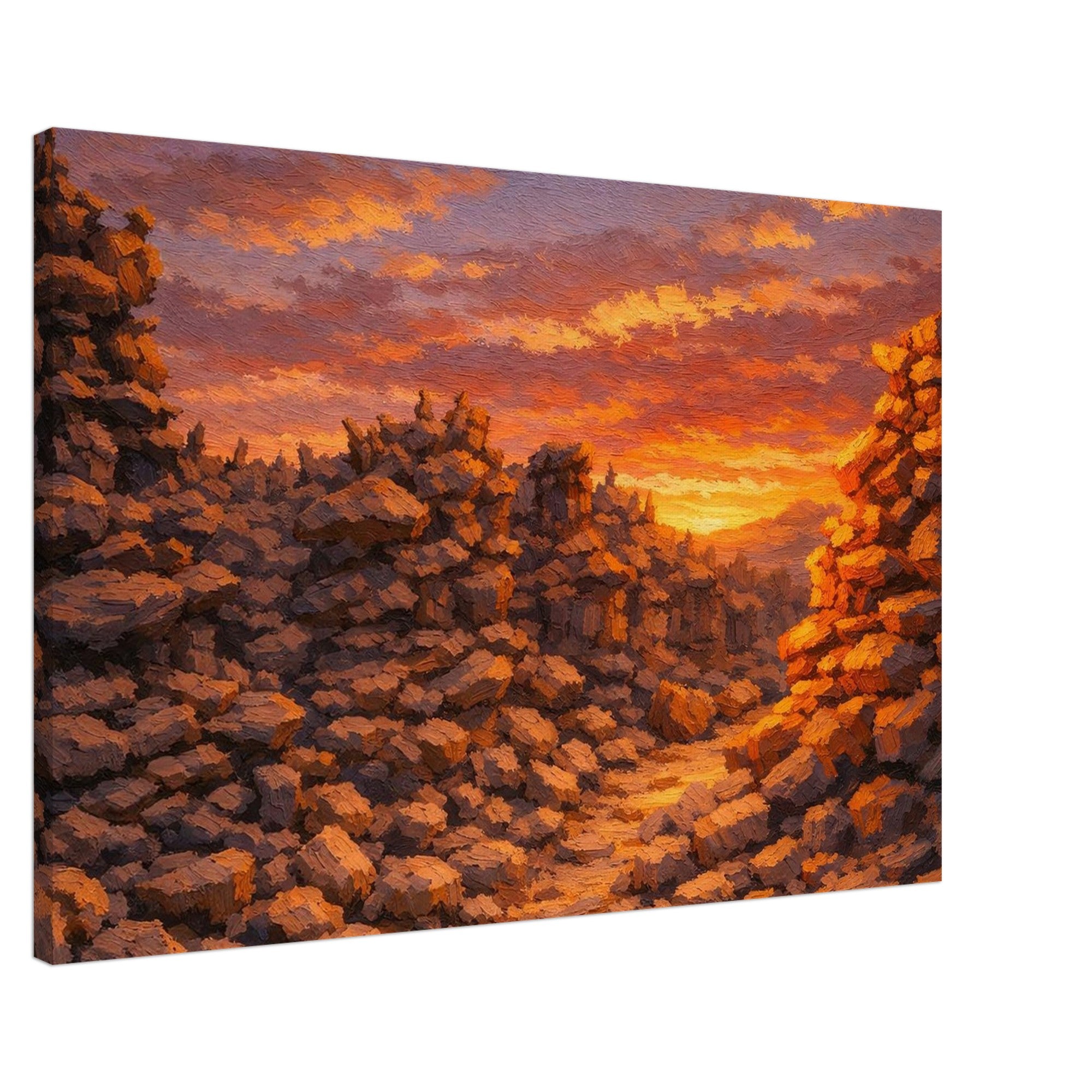 Canvas print of a sunset over a rocky landscape with warm colors.