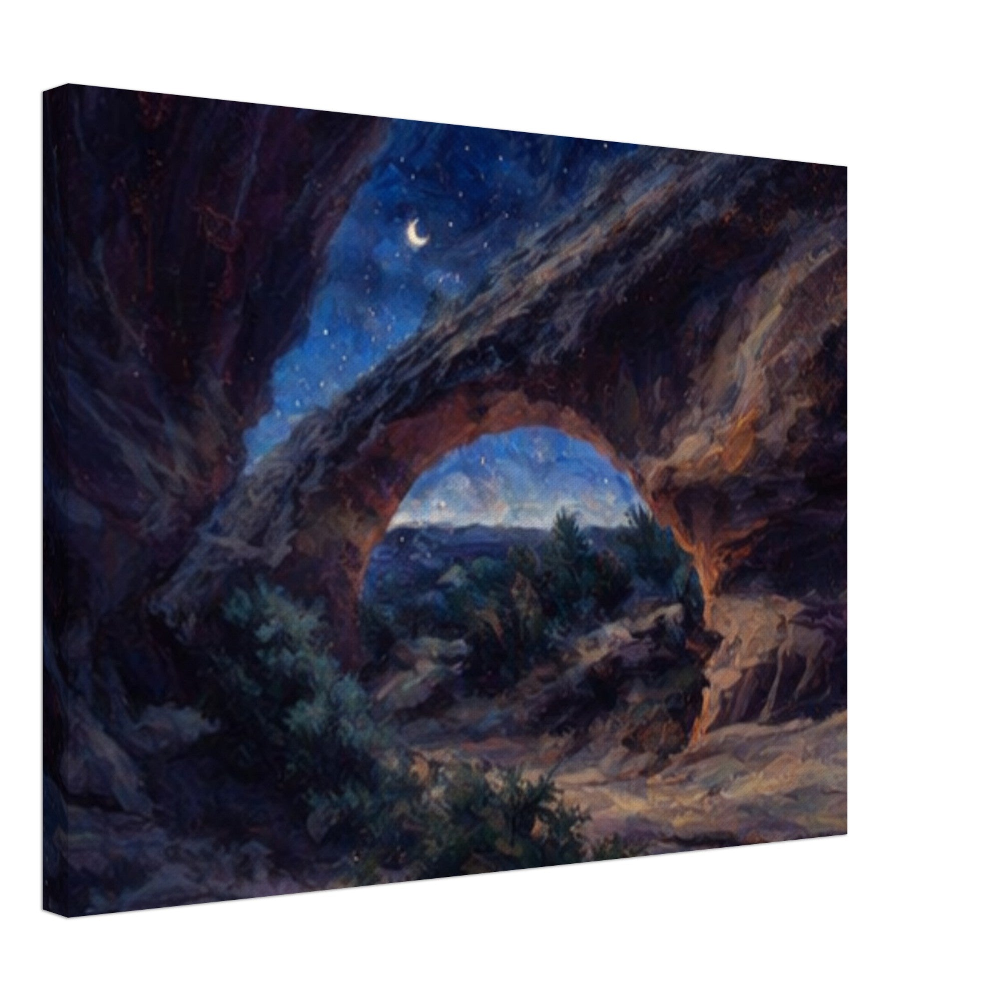 Canvas print of a landscape with a natural arch and starry night sky.