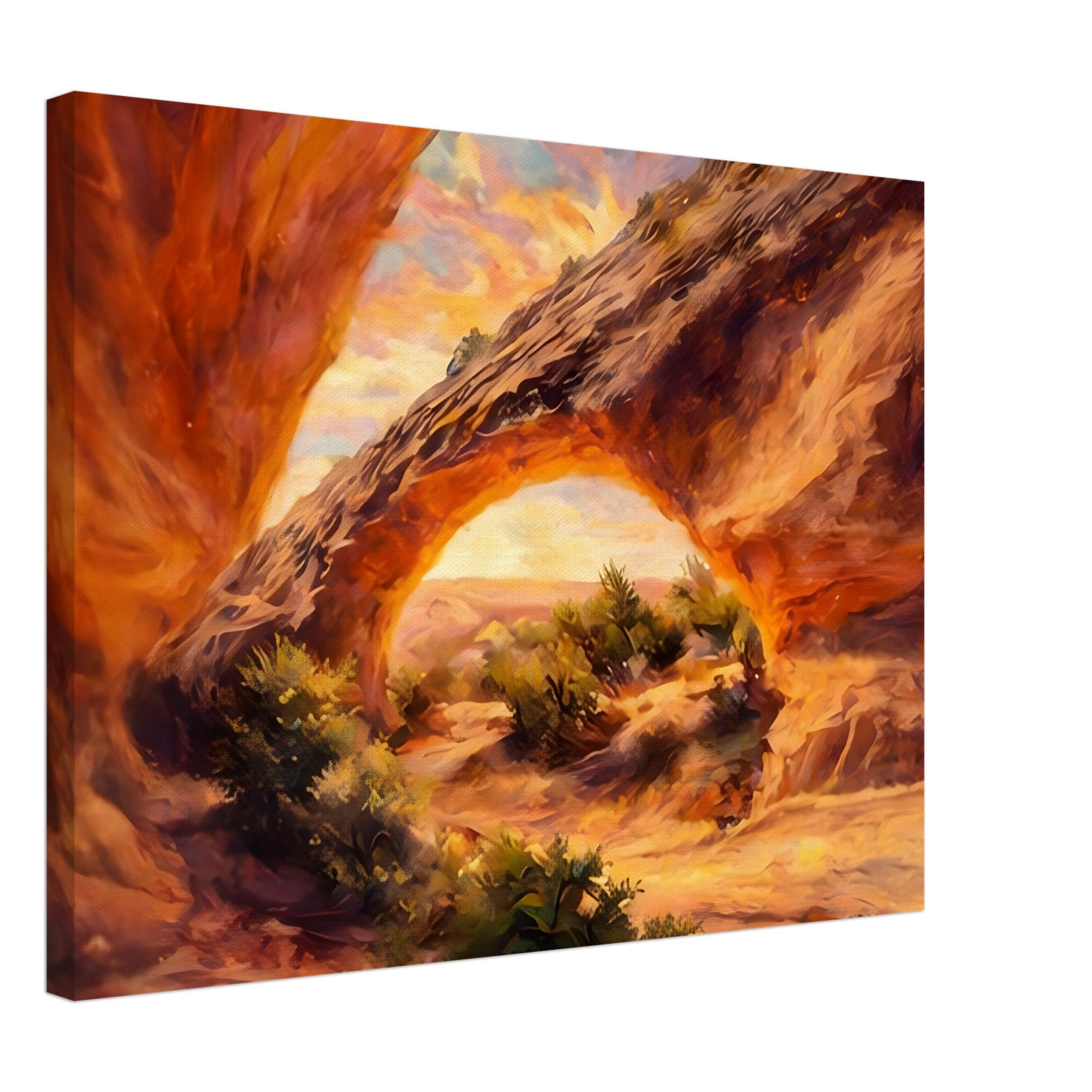 Painting of a natural arch with a scenic landscape