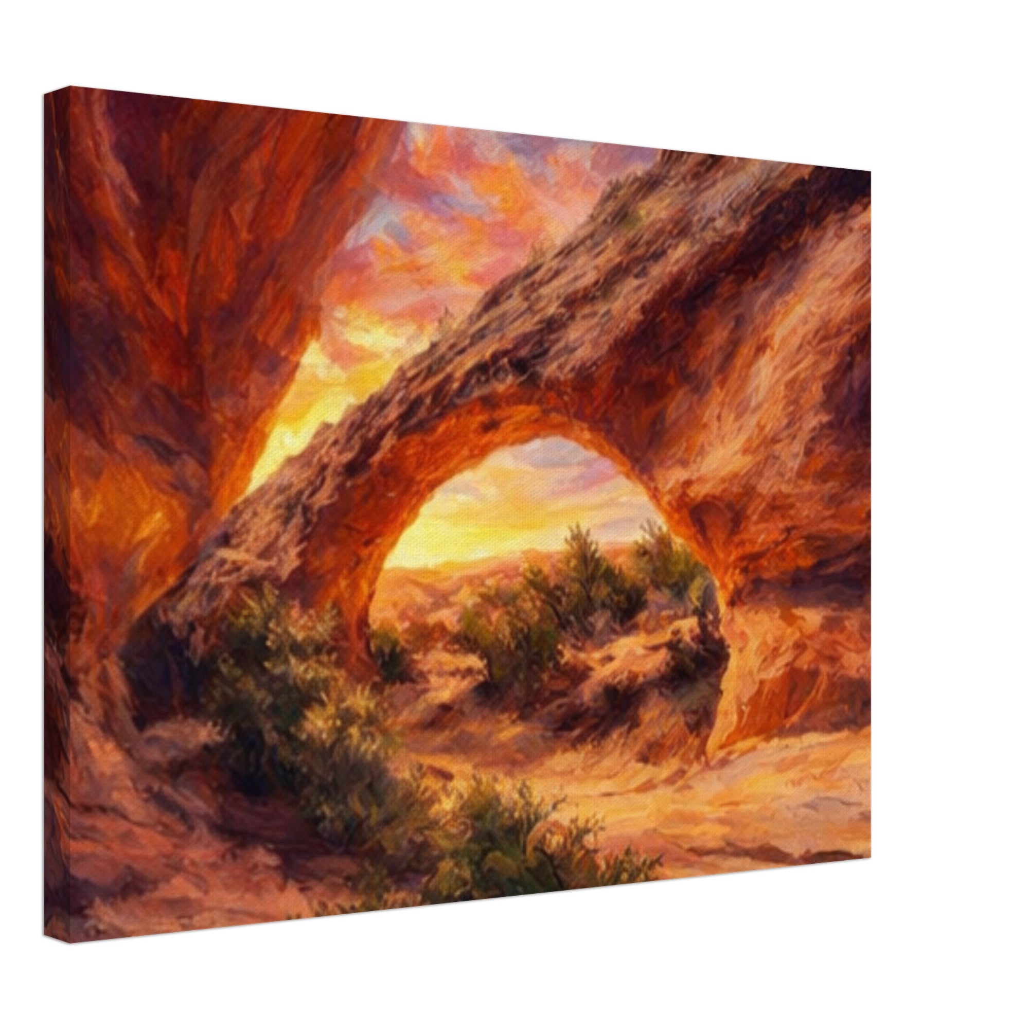 Painting of a desert landscape with a large rock arch and sunset.