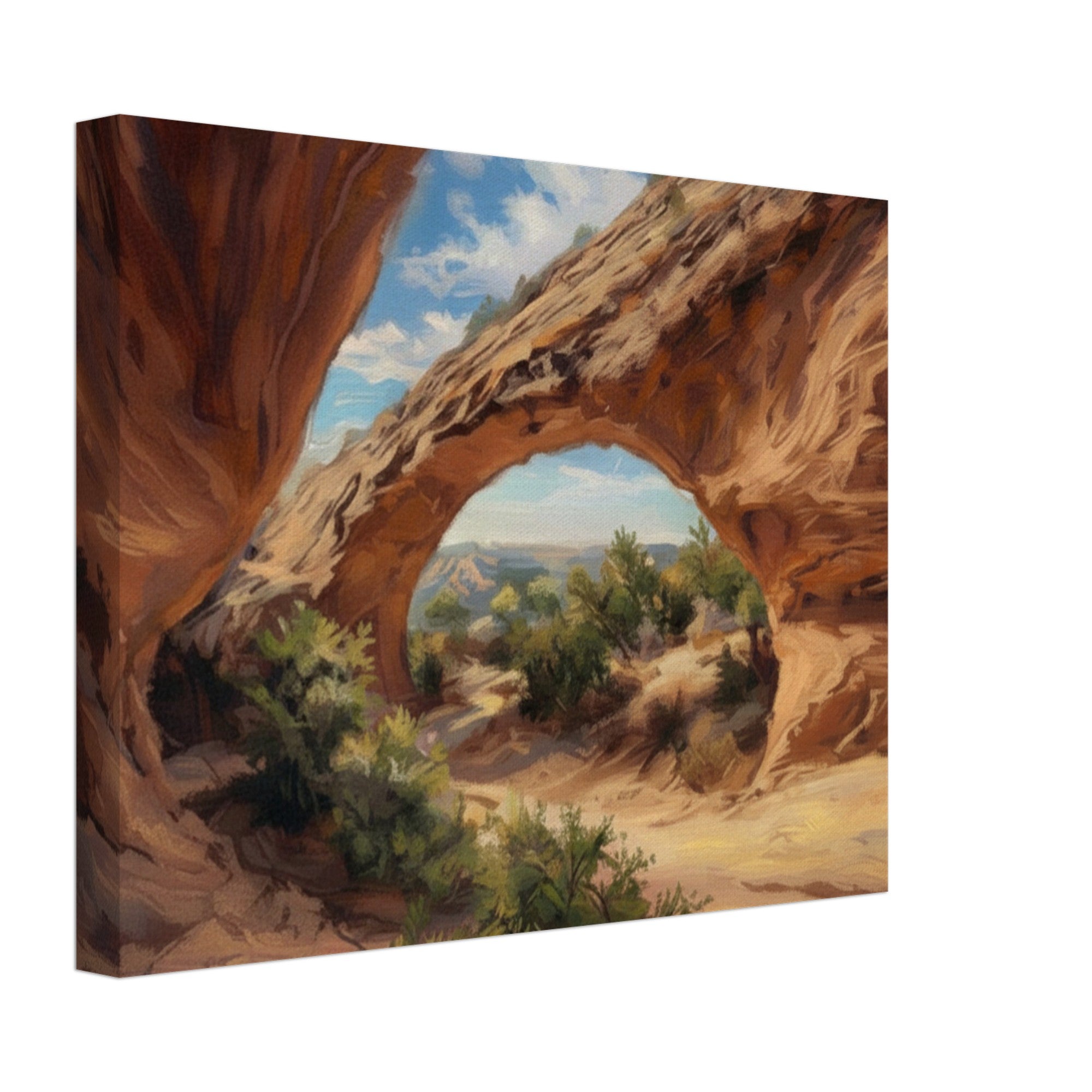 Canvas print of a desert landscape with a natural arch and blue sky.