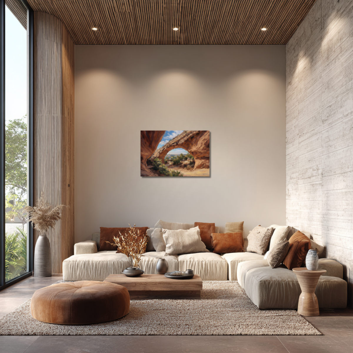 Modern living room with a large sectional sofa, coffee table, and canvas wall art of Moonshine Arch at daytime.