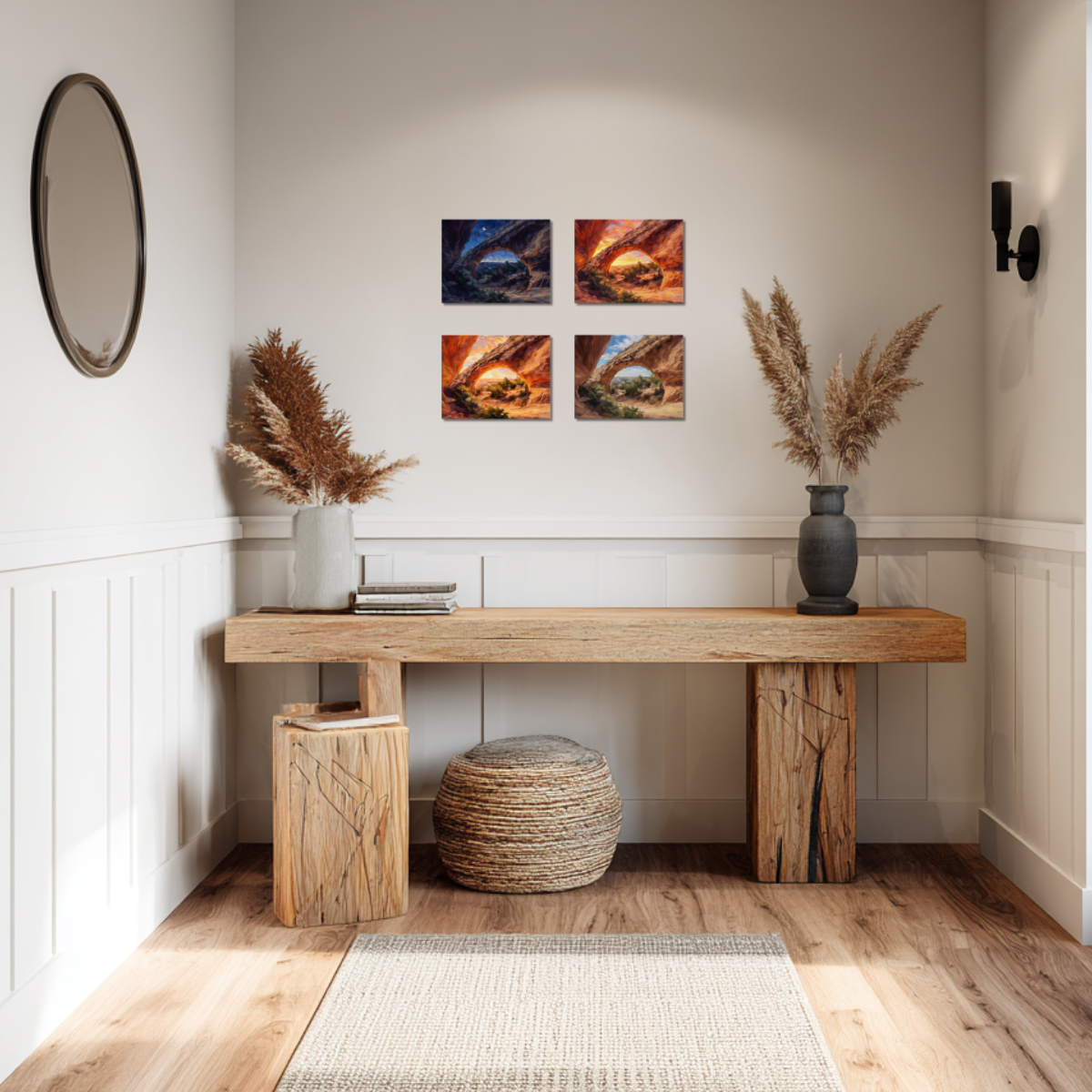 Wooden console table with decorative items in a room plants. and canvas wall art of Moonshine Arch depicted at different times of day.