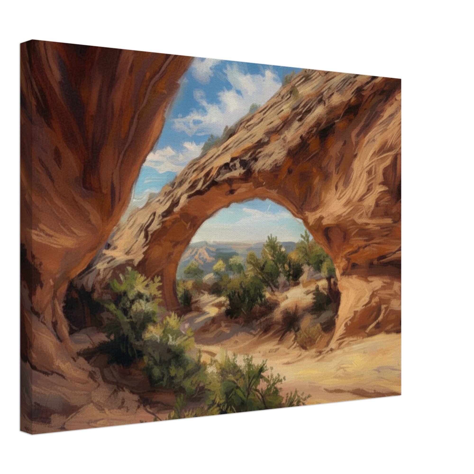 Canvas print of a desert landscape with a natural arch and blue sky.