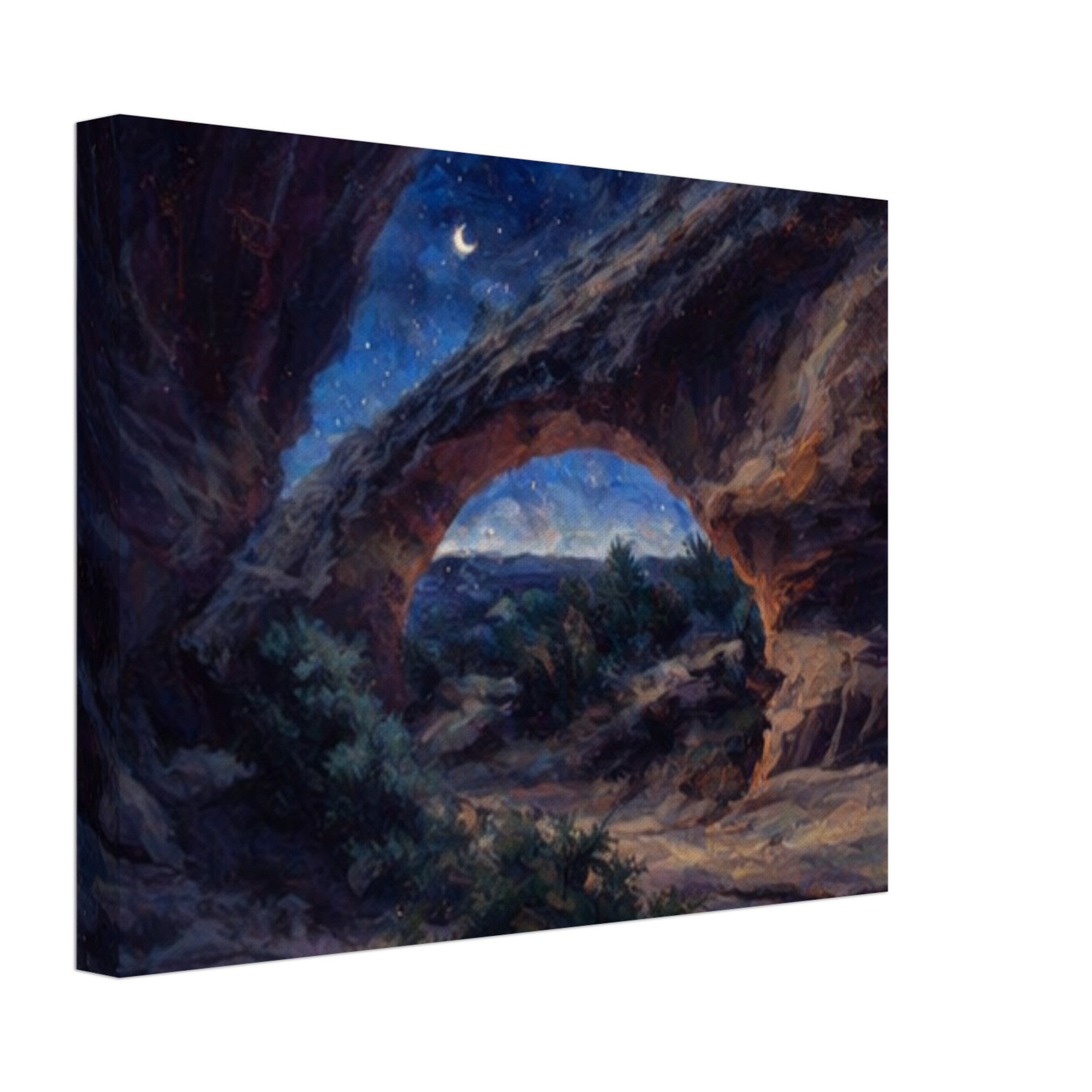 Canvas print of a landscape painting with a natural arch and night sky.