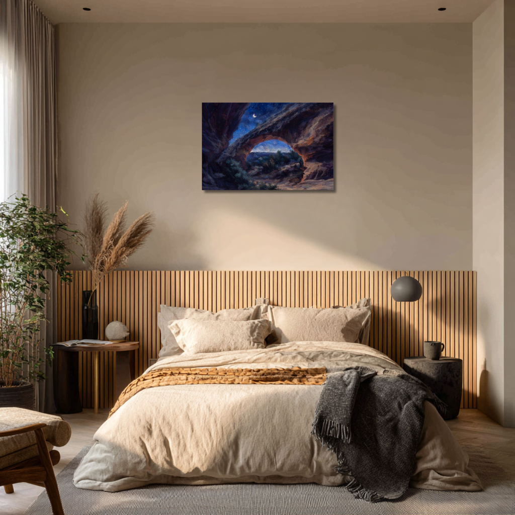 Modern bedroom with wooden headboard, bed, and canvas wall art of Moonshine Arch at night.