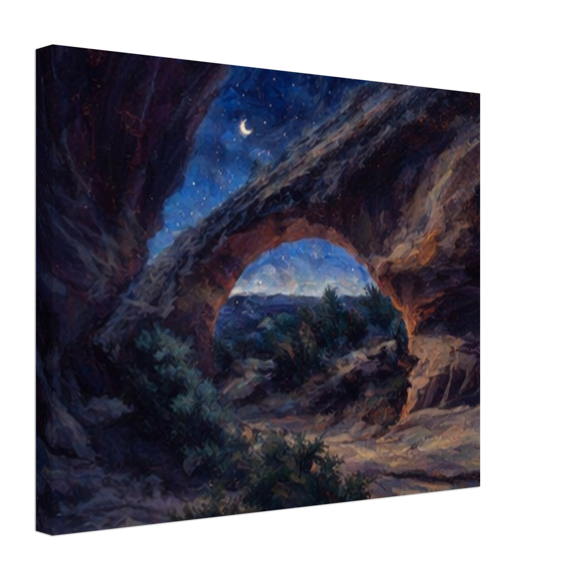 Canvas print of a landscape painting featuring a natural arch under a starry sky.