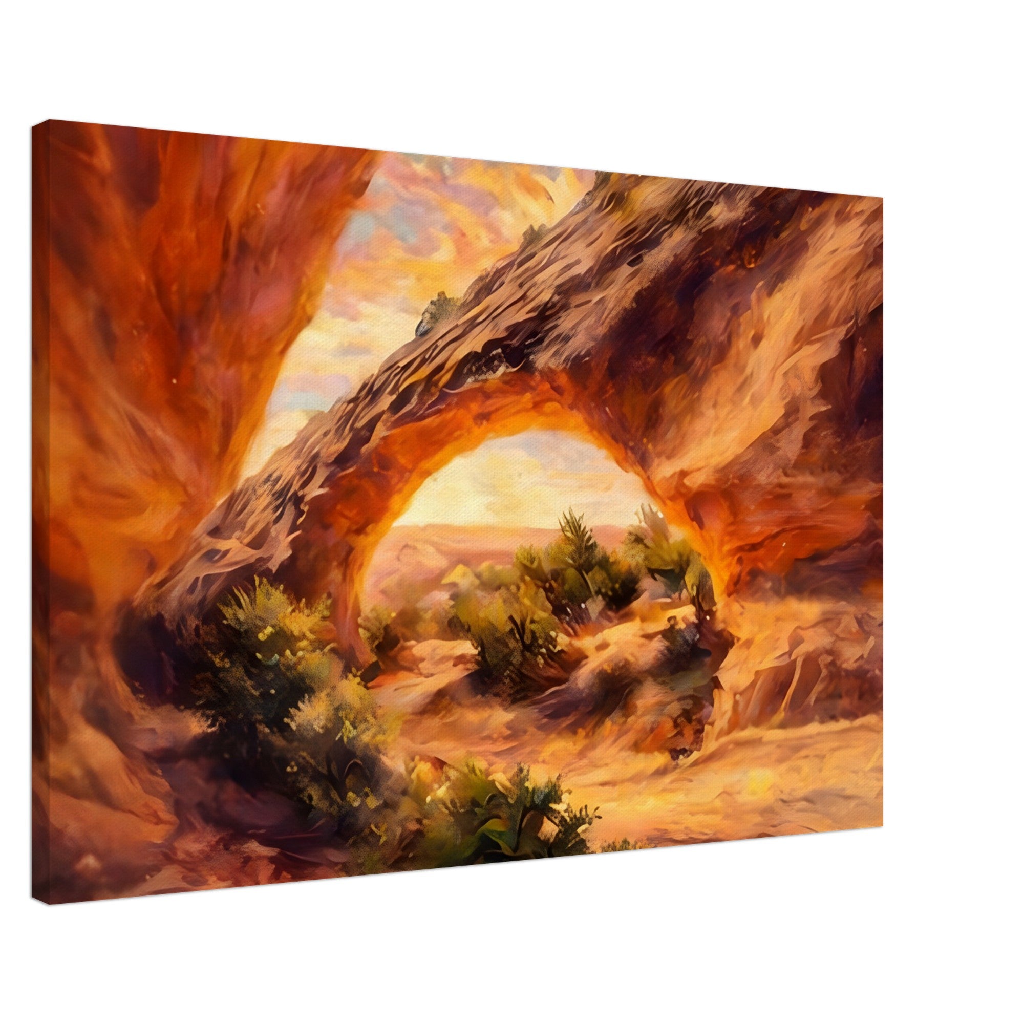 Painting of a natural arch with desert landscape