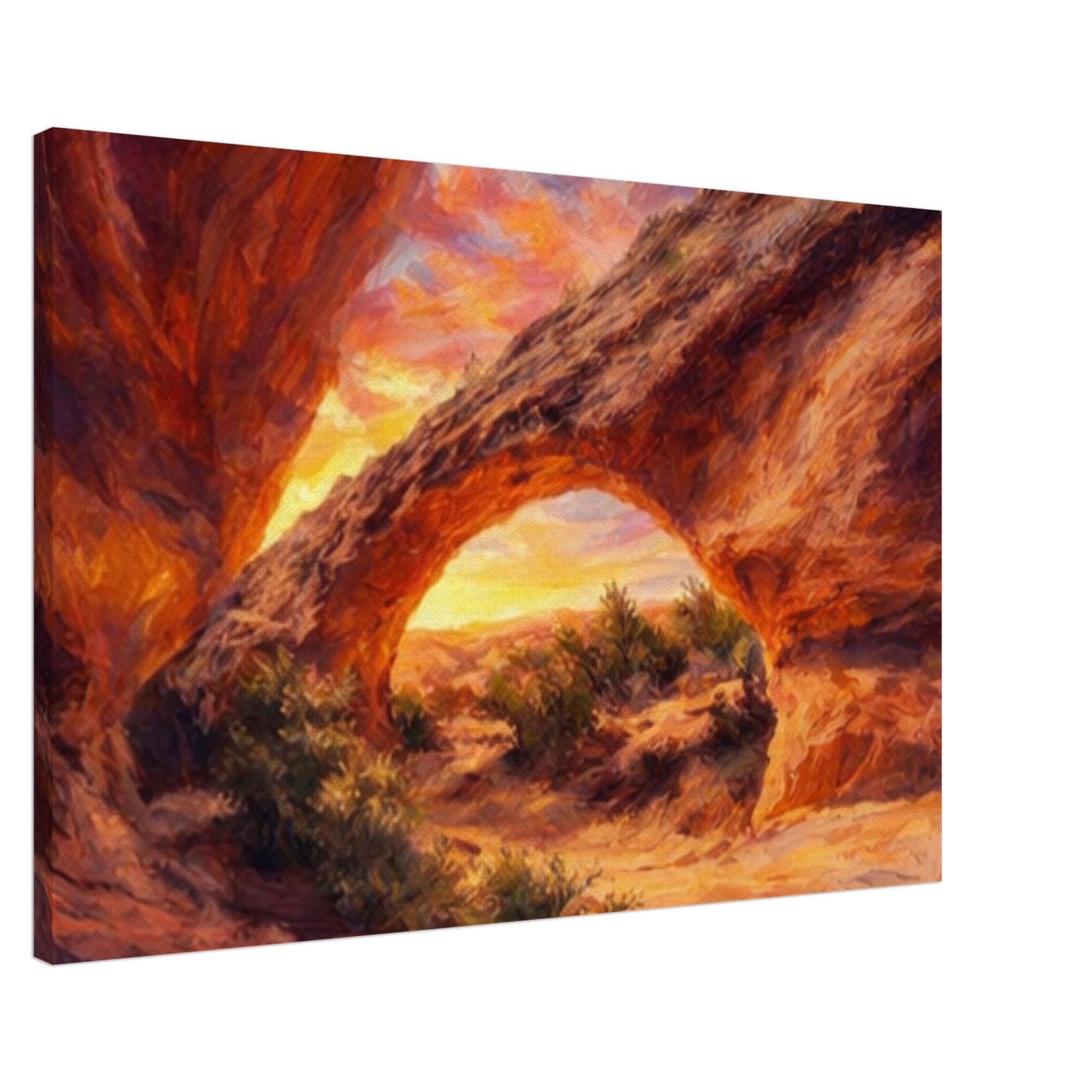 Painting of a desert landscape with a large rock formation and sunset sky.