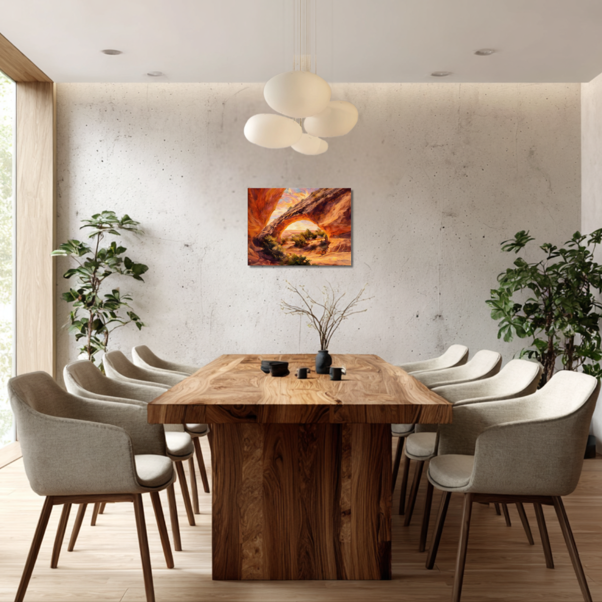 Modern dining room with wooden table and chairs, plants, and canvas wall art of Moonshine Arch at sunrise.