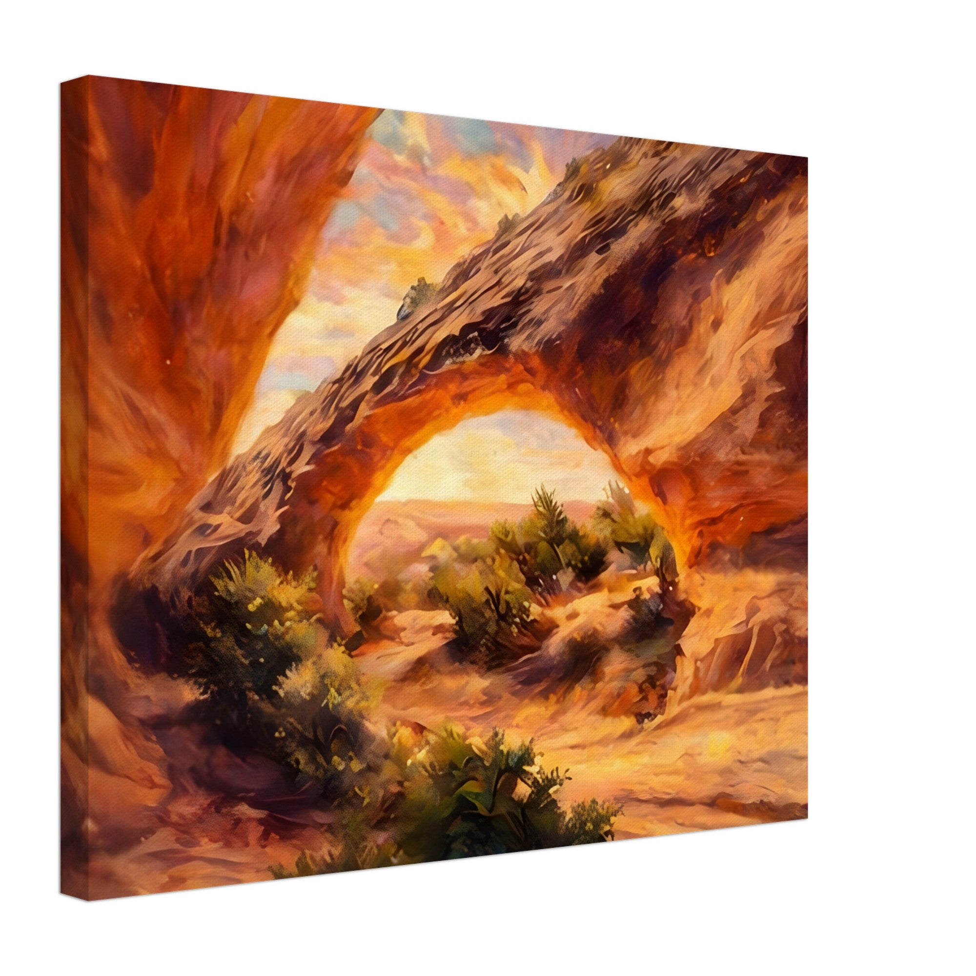 Painting of a natural arch with a sunrise sky