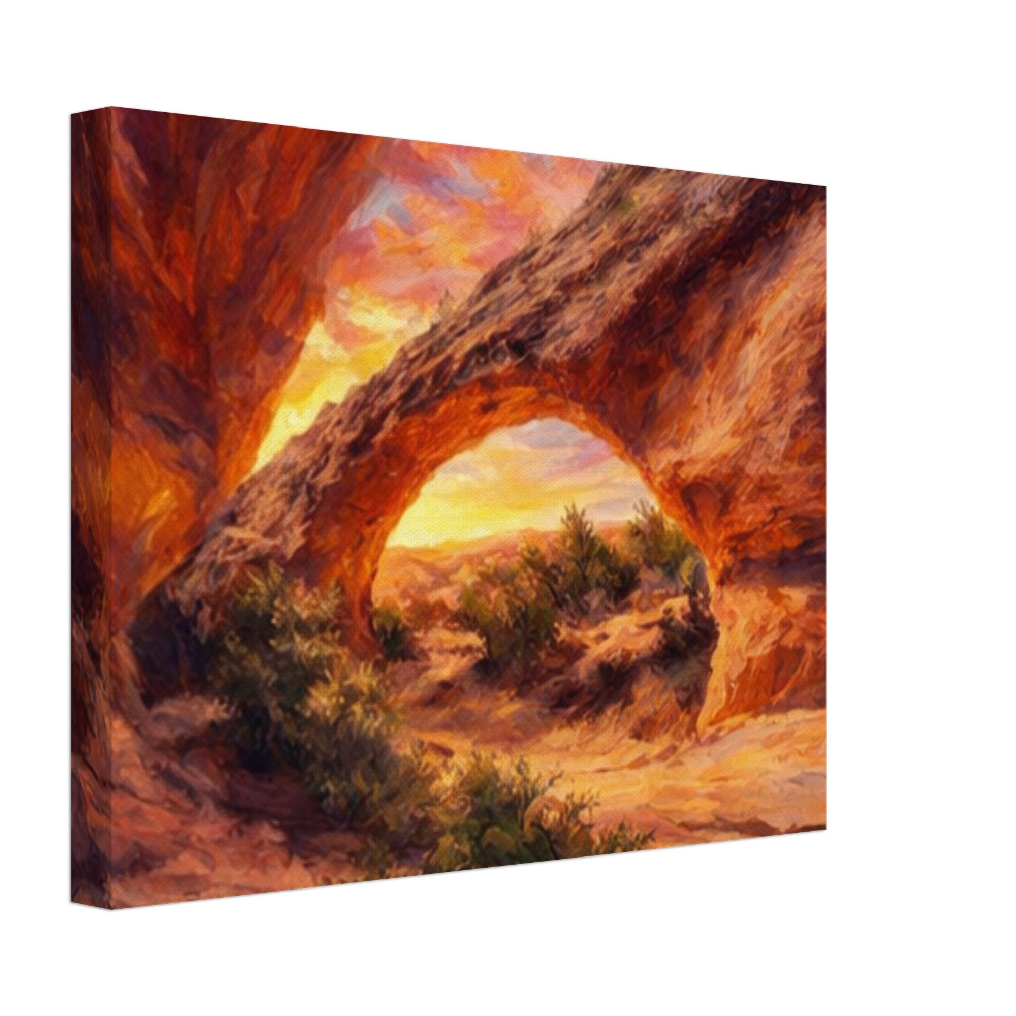 Painting of a desert landscape with a rock arch and sunset.