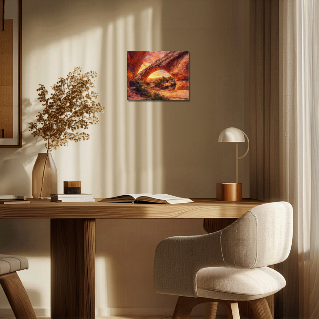 Modern home office with wooden desk, chair, and canvas wall art of Moonshine Arch at sunset.