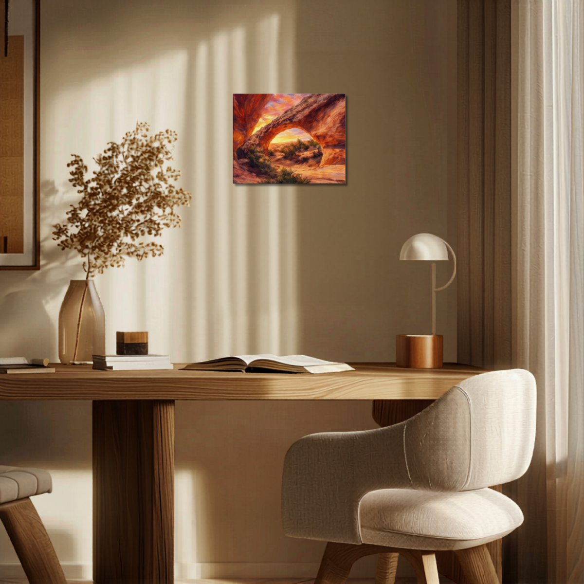 Modern home office with wooden desk, chair, and canvas wall art of Moonshine Arch at sunset.