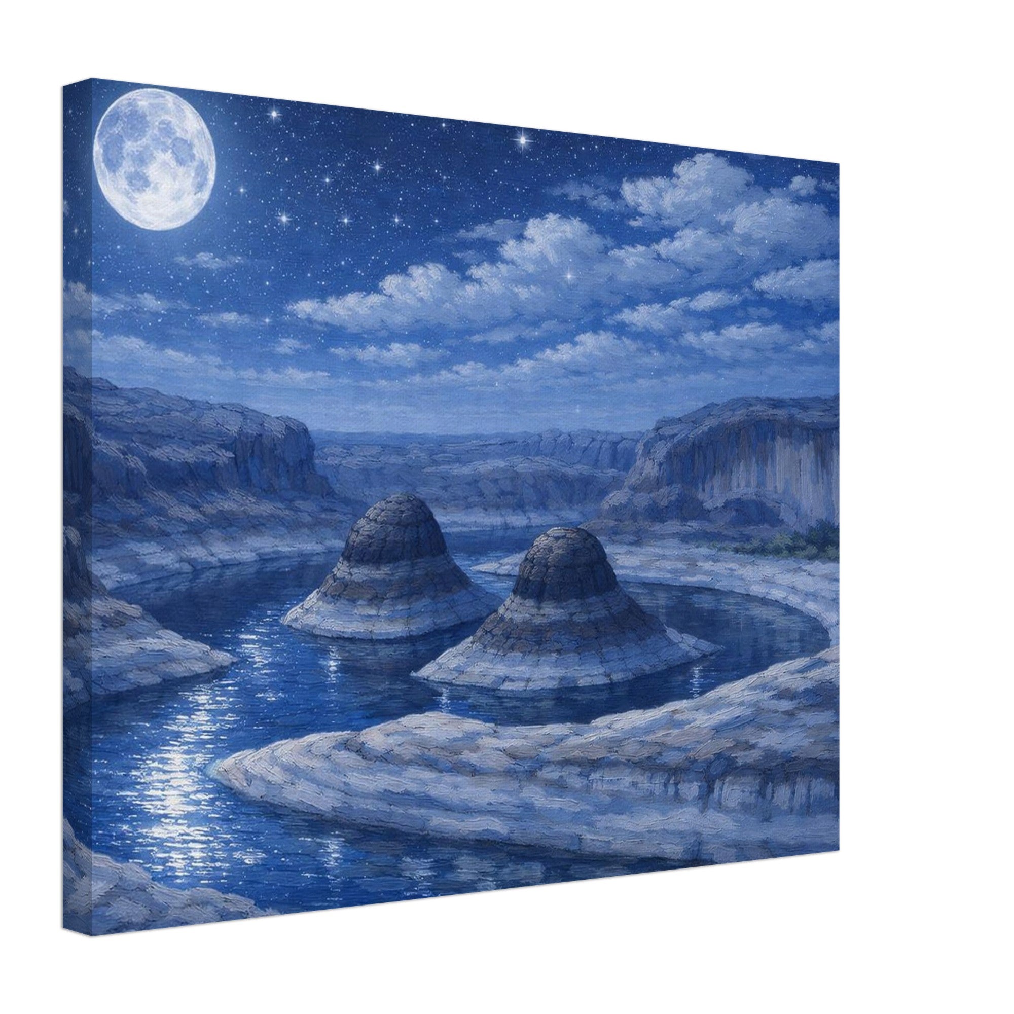 Canvas print of a night scene with a moonlit sky over a canyon.