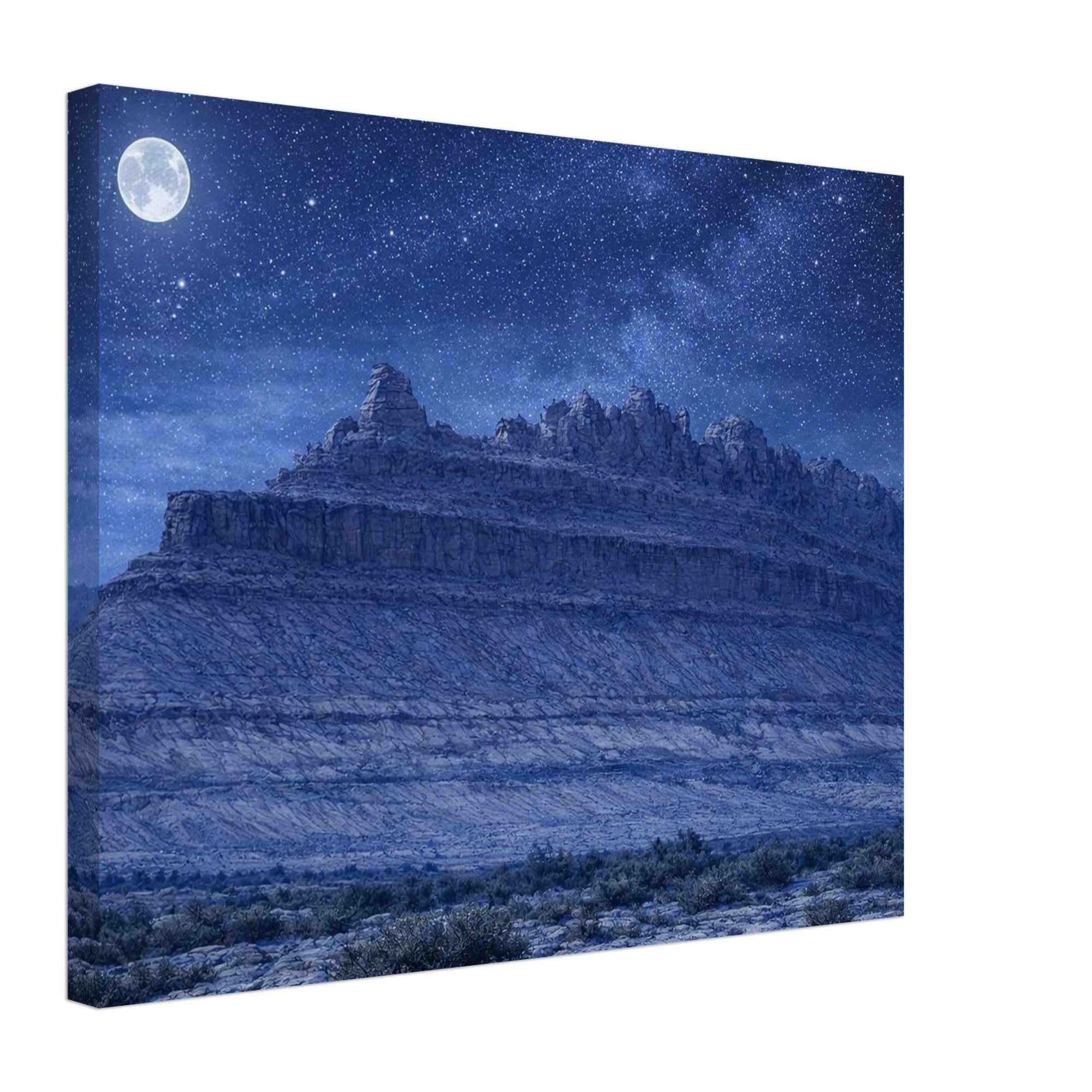 Canvas print of a desert landscape under a starry night sky with a moon.