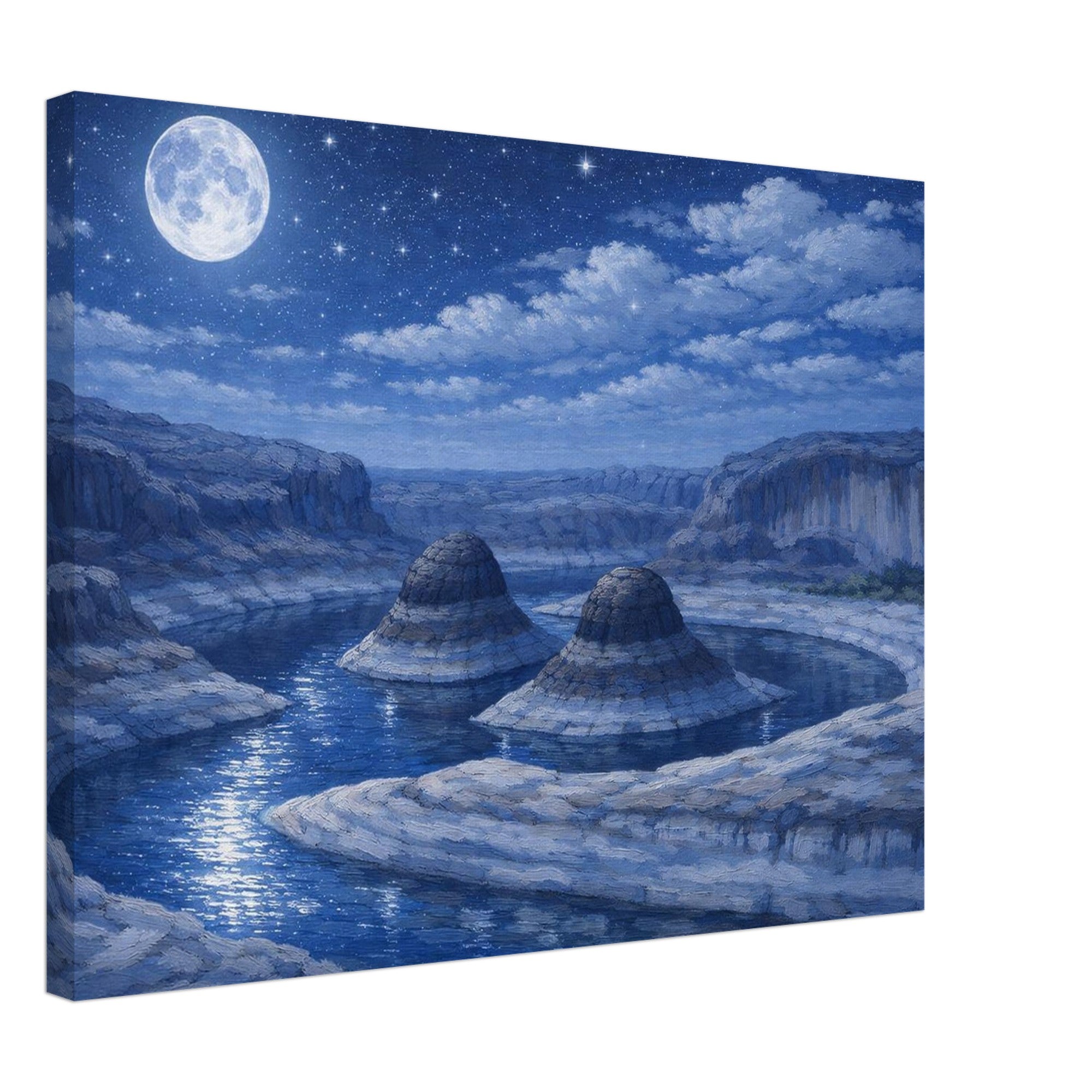 Canvas print of a landscape with a moonlit sky over a canyon.
