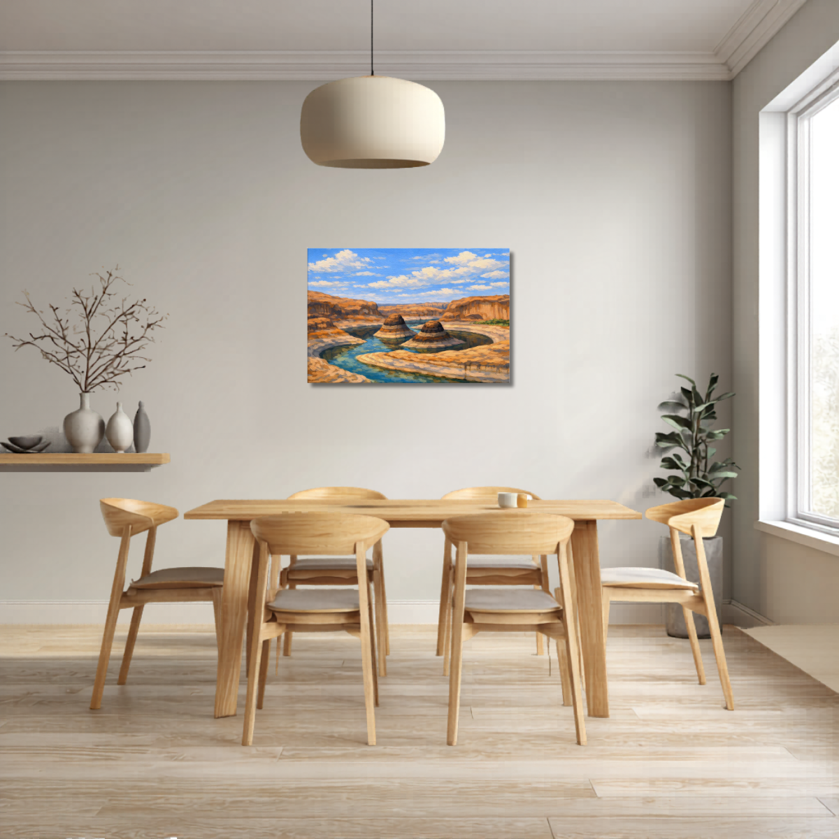 Dining room with wooden table and chairs, and a landscape painting of Reflection Canyon Utah Canvas on the wall.