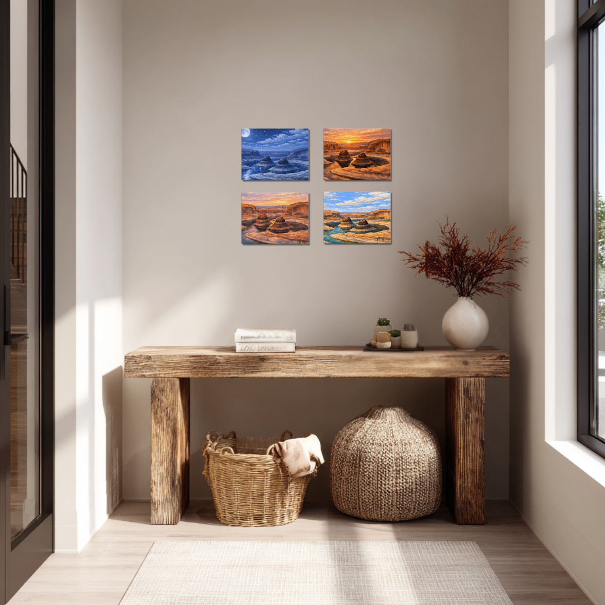 Entryway with wooden console table with decorative items against a wall with four landscape paintings depicting Reflection Canyon Utah each during a different time of day. 