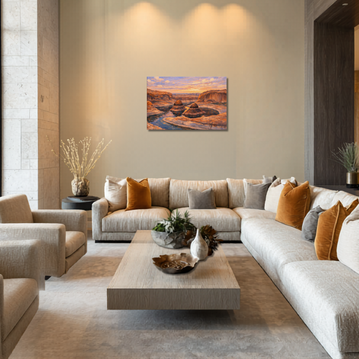 Modern living room with a sectional sofa, coffee table, and canvas wall art depicting Reflection Canyon Utah at sunrise.