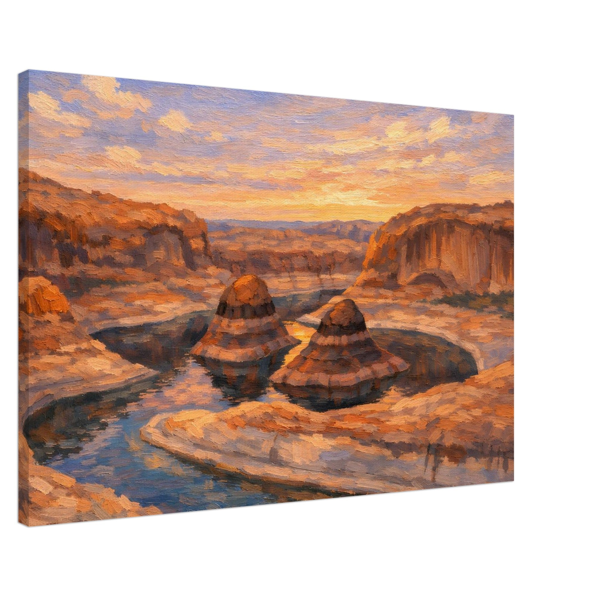Painting of a desert landscape with cliffs and a river at sunset.
