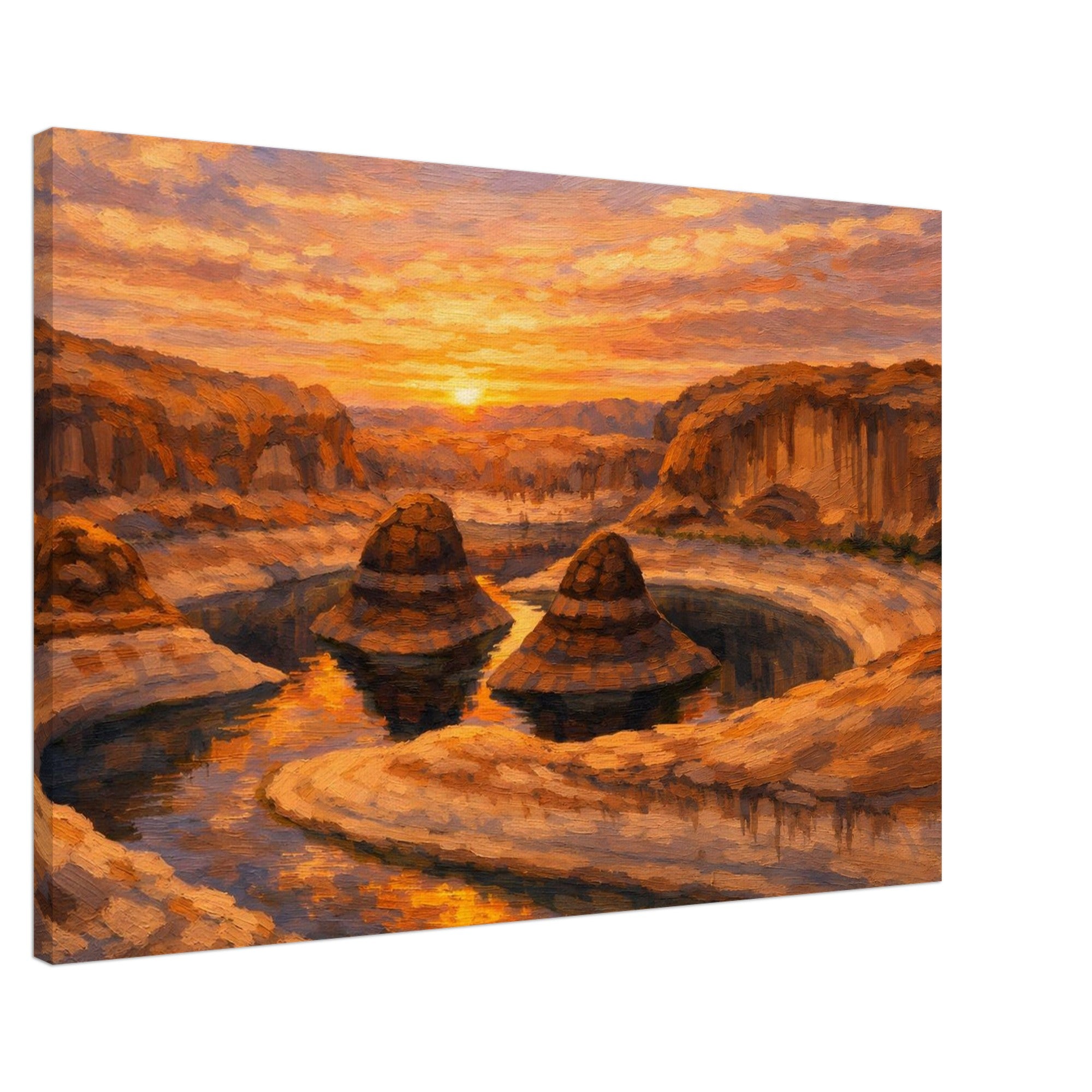 Canvas print of a desert landscape with a sunset over rocky formations.