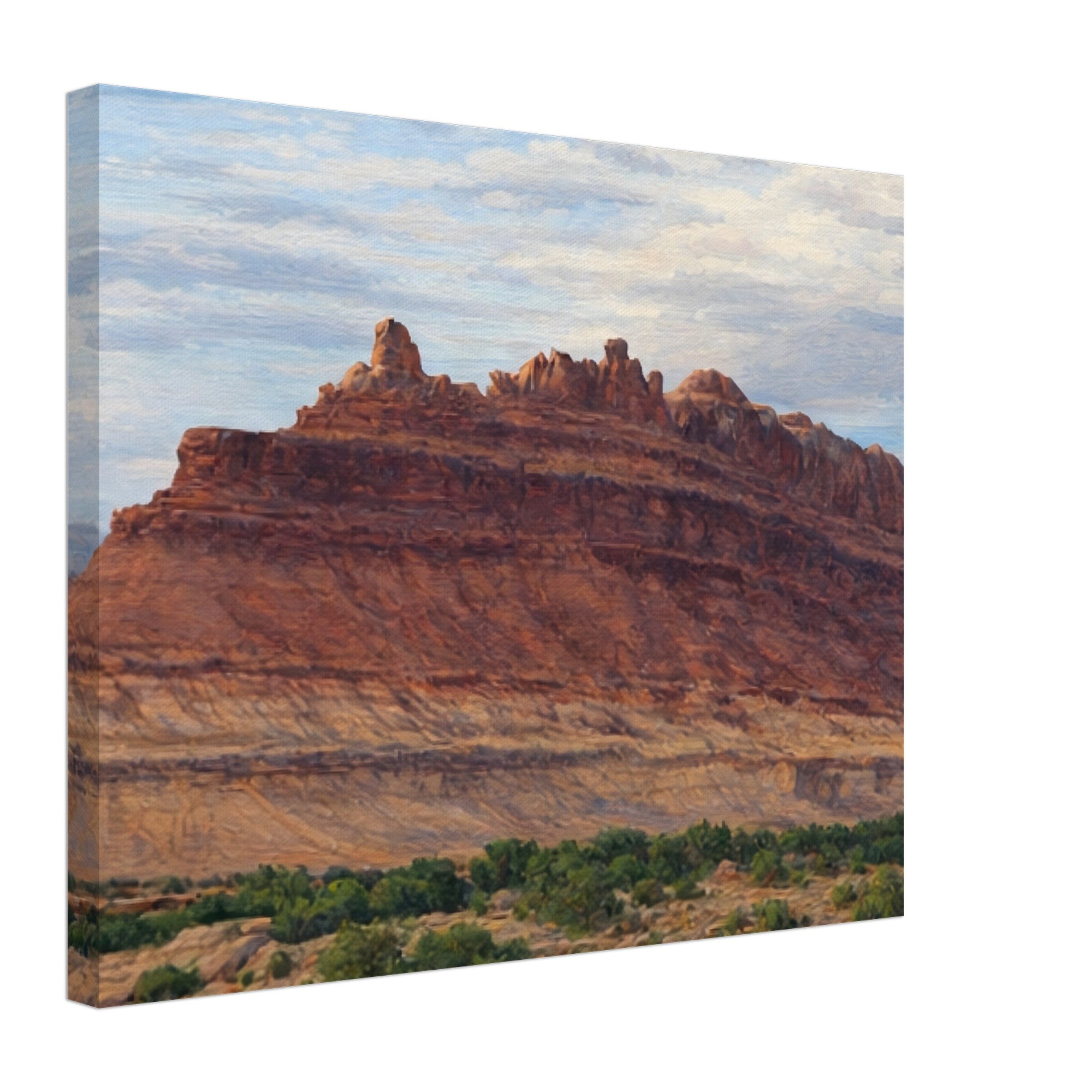 Canvas print of a desert landscape with a prominent rock formation that looks like a ship.
