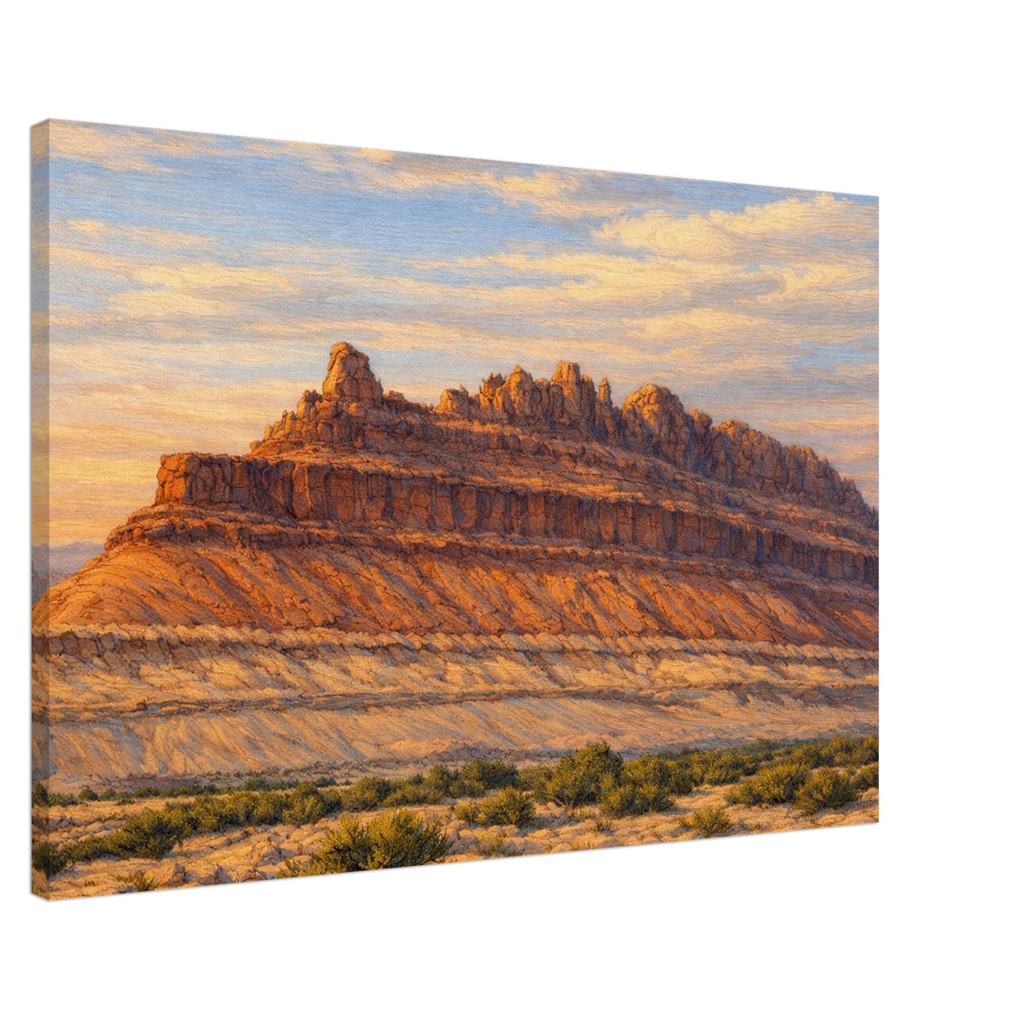 Canvas print of a desert landscape with layered rock formations and sparse vegetation.