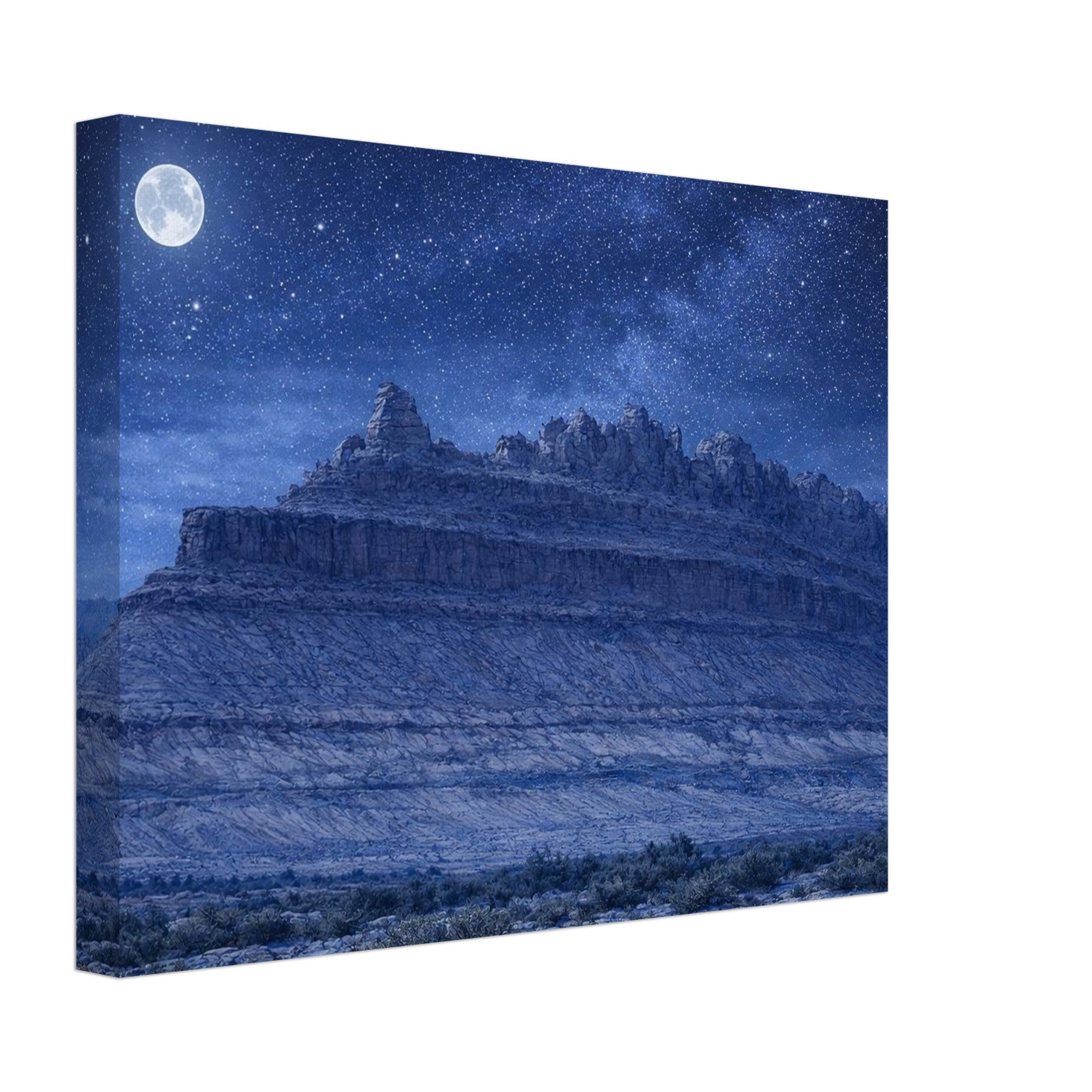 Canvas print of the rock ship formation at black dragon canyon canvas print at night with a white background.