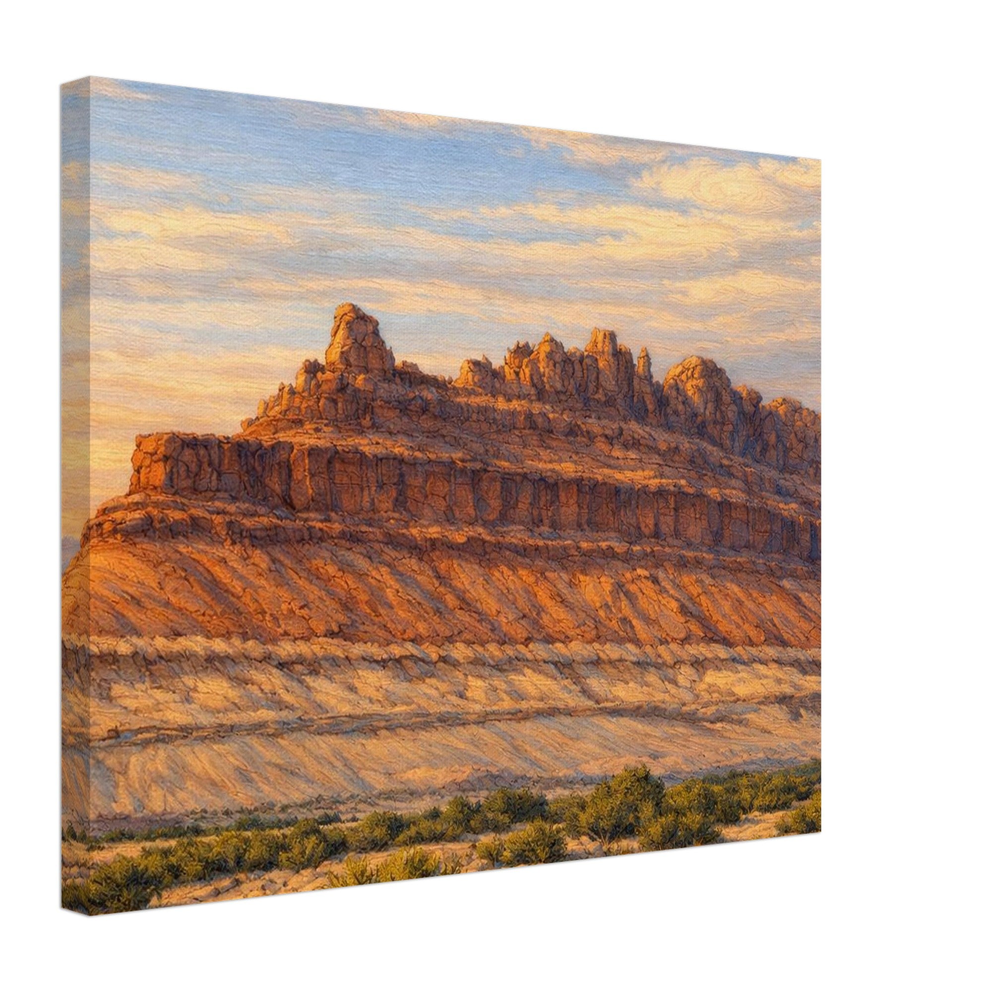 Canvas print of the rock ship formation at black dragon canyon depicting warm sunrise sky.