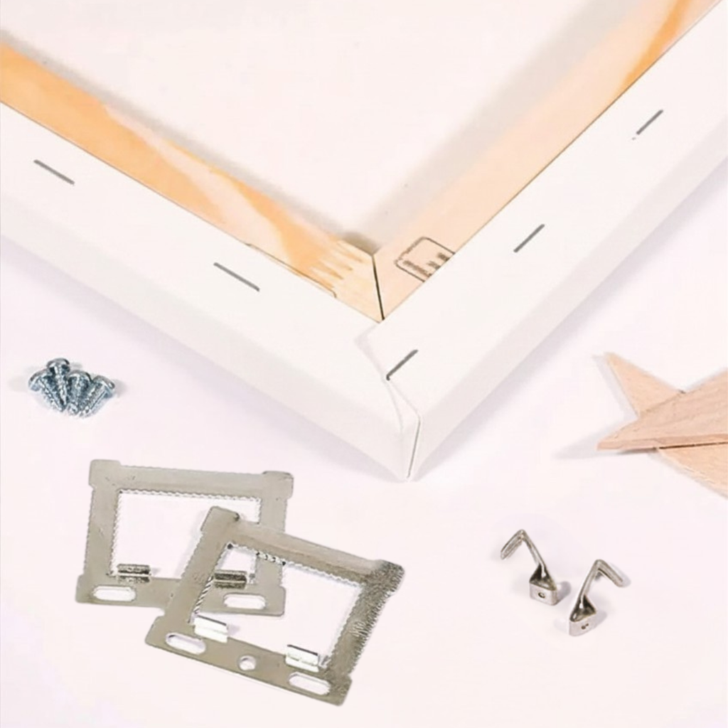 Wooden picture frame and wall hanging components on a white background