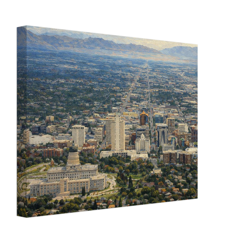 Cityscape with buildings and greenery, mountainous background