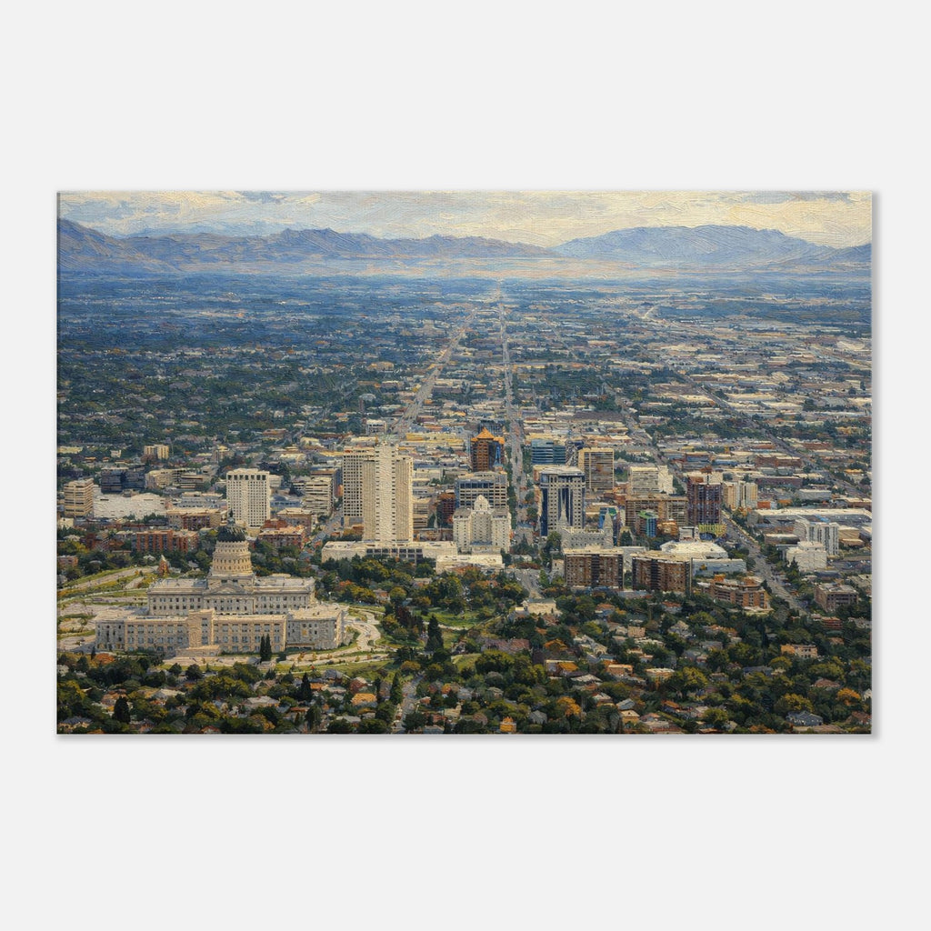 Canvas wall art depicting aerial view of a Salt Lake City Utah with mountains in the background.