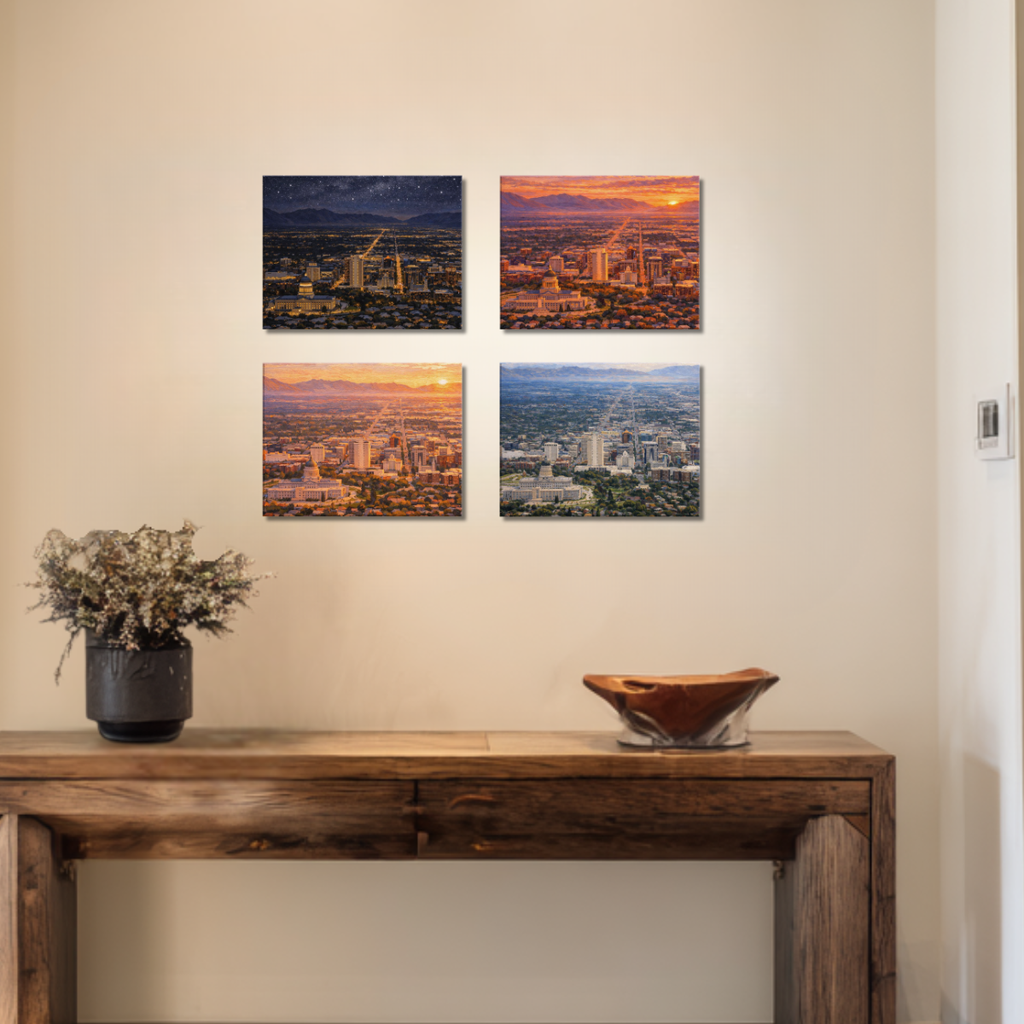 Four canvas wall art pictures of Salt Lake City Utah Cityscape each one a different time of day above a wooden console table with decorative items.