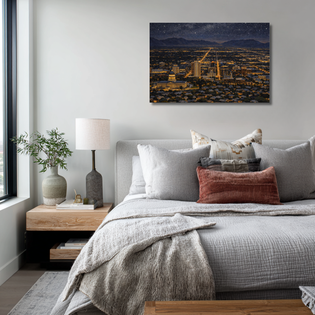 Canvas wall art of Salt Lake City viewed from Ensign Peak at night displayed in a cozy bedroom above a bed, with natural lighting from a window, and modern décor.”